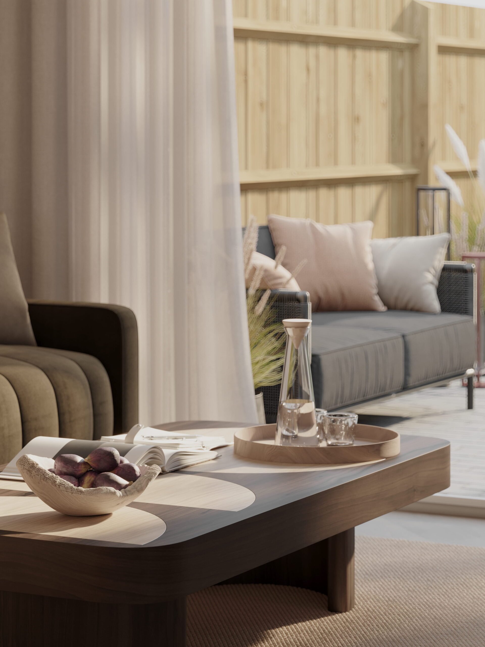 Interior CGI detail of Empress Court, featuring a timber coffee table and styled accessories in the foreground, with outdoor seating and the private garden visible beyond.