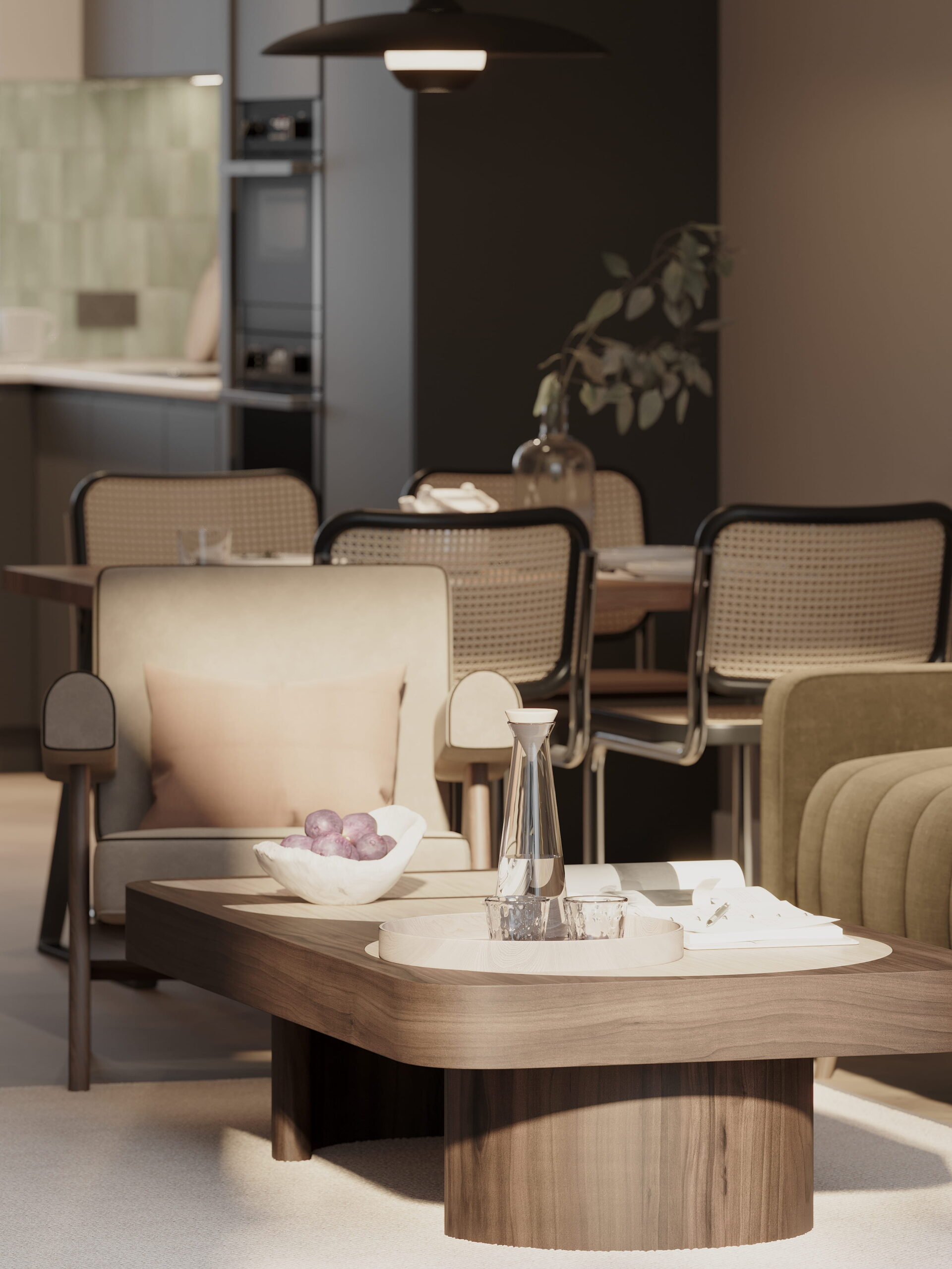 Interior architectural CGI of an Empress Court living space, featuring a timber coffee table, contemporary armchairs and dining area, styled in warm neutral tones with soft natural light.