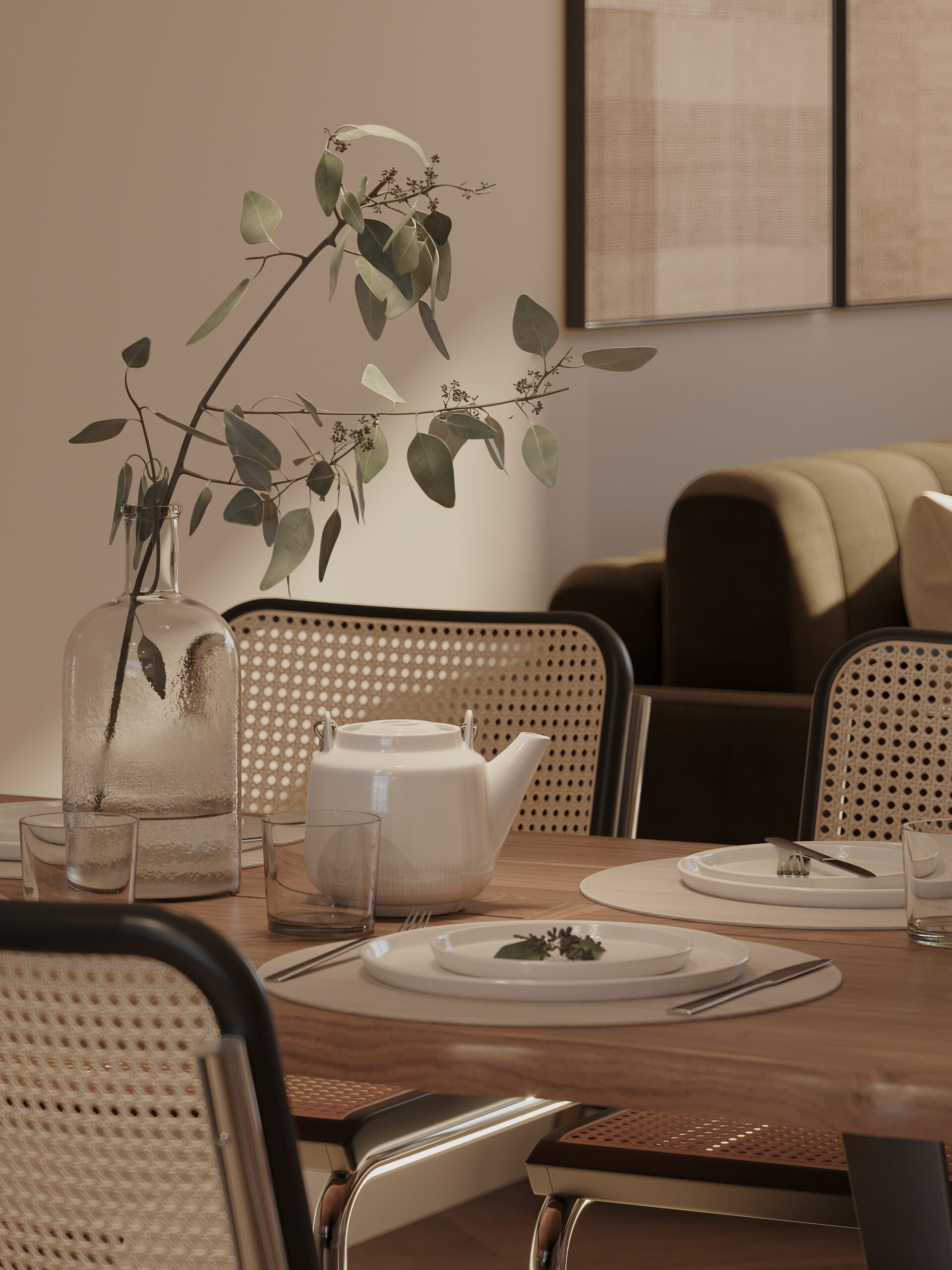 Interior architectural CGI of an Empress Court dining area, featuring a timber dining table set with tableware, cane dining chairs, decorative greenery and warm contemporary furnishings.