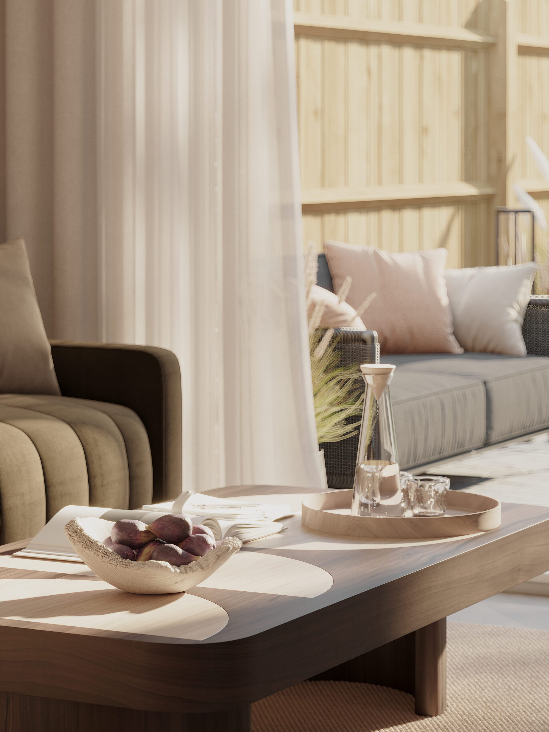 Interior architectural CGI of an Empress Court living area, showing a timber coffee table with decorative styling and a sunlit outdoor seating area beyond the open doors.