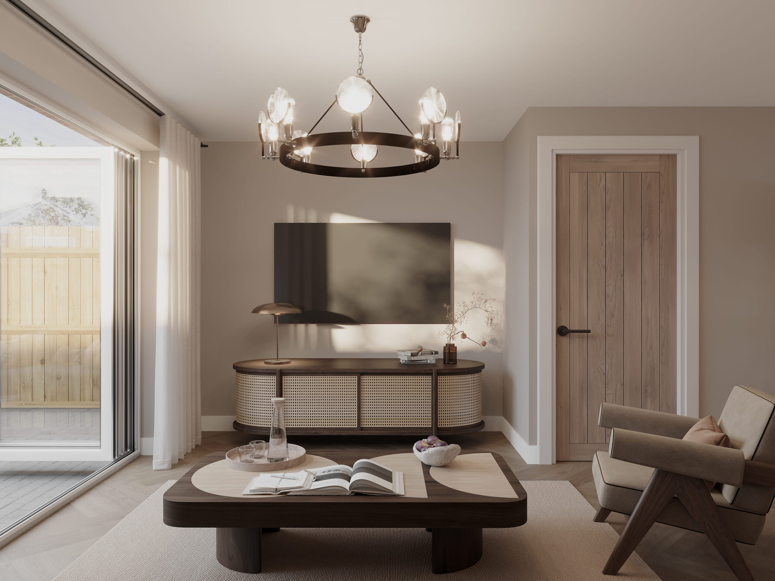 Interior architectural CGI of an Empress Court living room, showing a wall-mounted television, curved cane-fronted media unit, timber coffee table and contemporary armchair beside large garden doors.