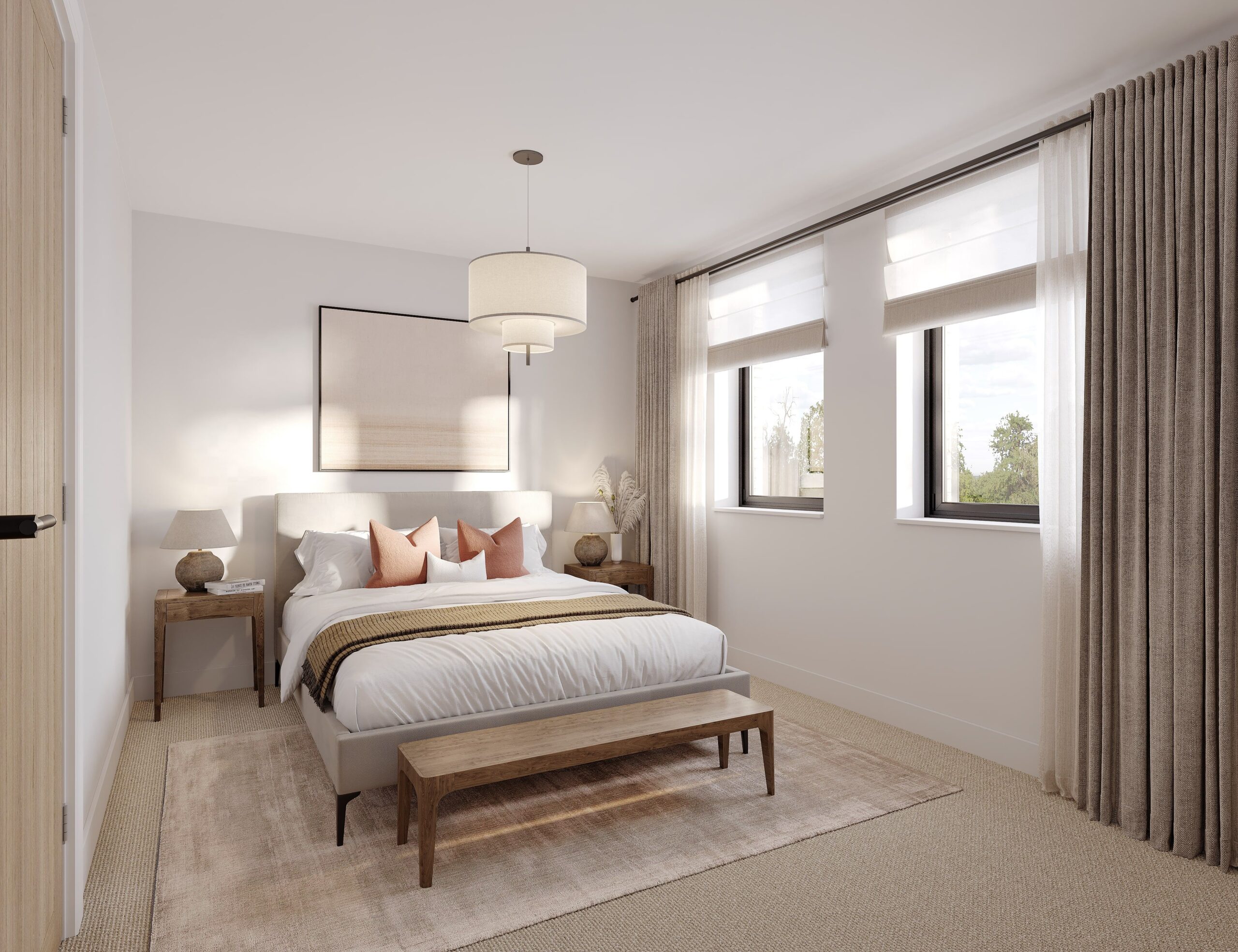Interior architectural CGI of an Empress Court bedroom, featuring a neutral upholstered bed, timber furniture, soft layered curtains and warm natural styling.