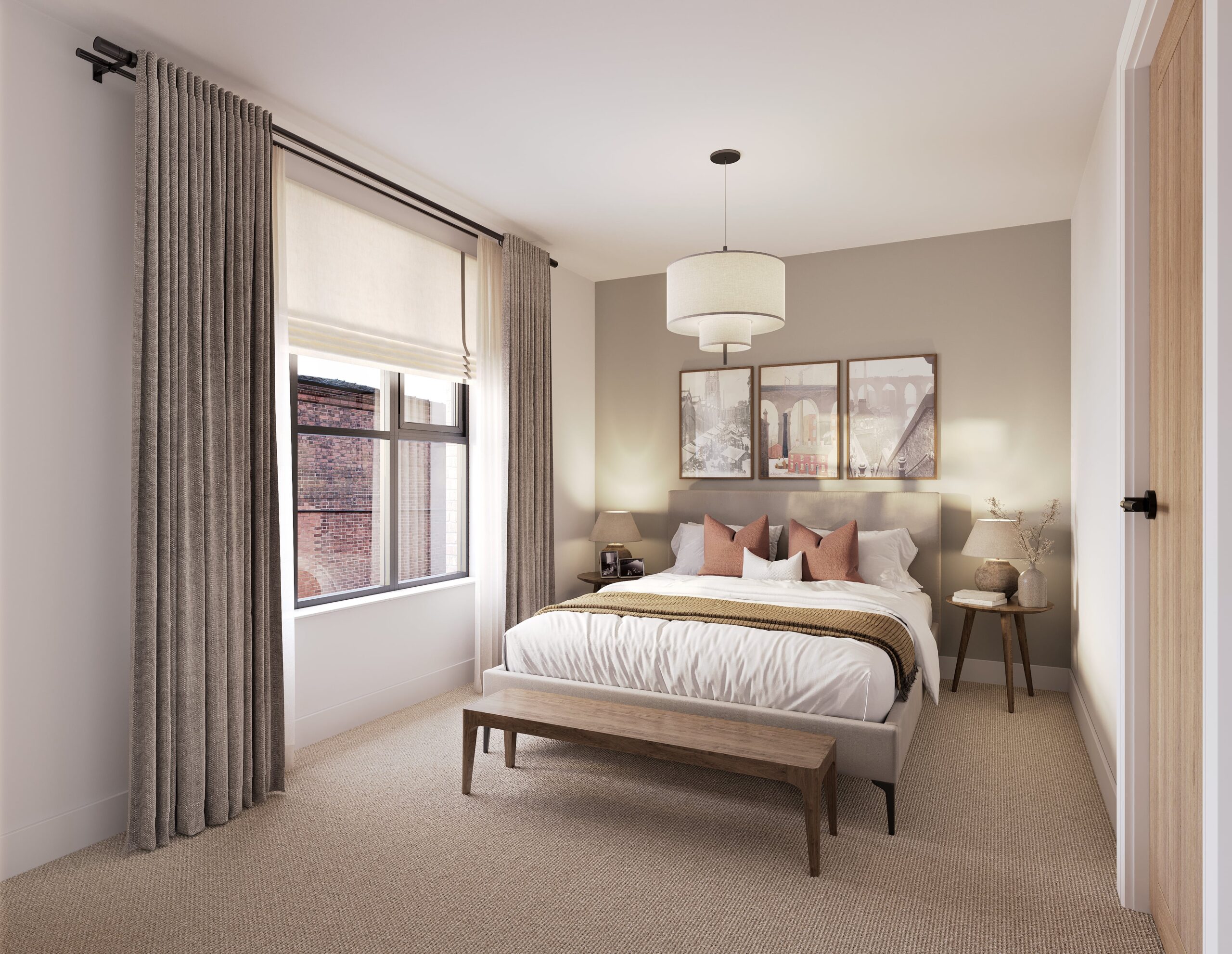 Interior architectural CGI of an Empress Court bedroom, showing a contemporary upholstered bed against a warm neutral feature wall, with timber furniture, framed artwork and floor-length curtains.