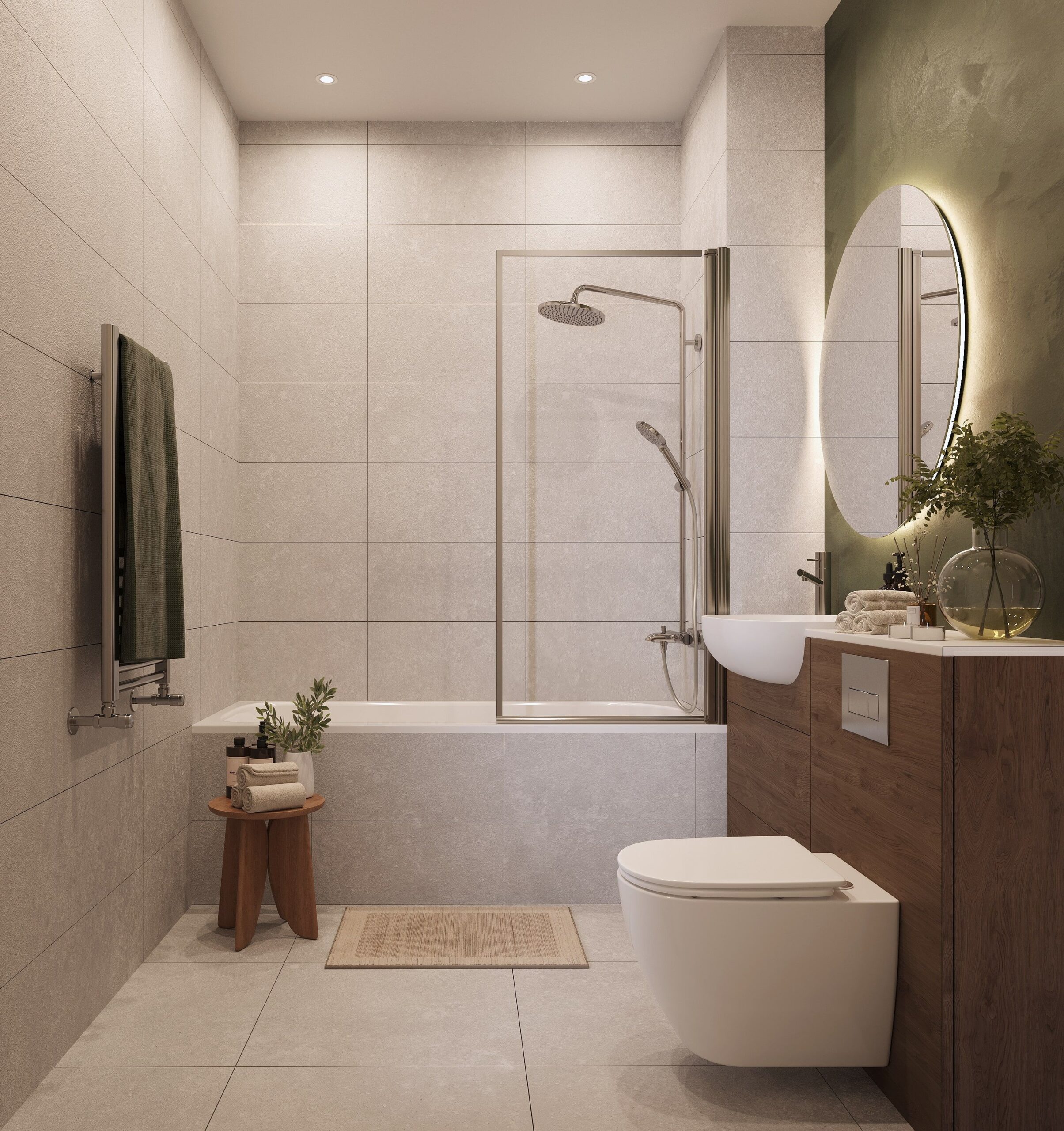 Photorealistic bathroom CGI for a contemporary Manchester apartment, featuring large-format stone-effect tiles, a timber vanity unit, walk-in shower over bath, illuminated mirror and modern residential interior design.