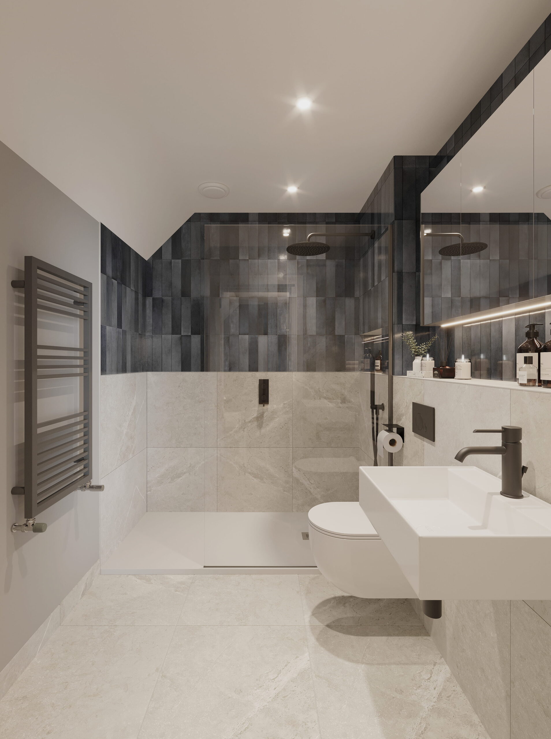 Interior architectural CGI of an Empress Court bathroom, featuring a walk-in shower, dark grey wall tiles, light stone-effect finishes, wall-mounted basin and contemporary black fittings.