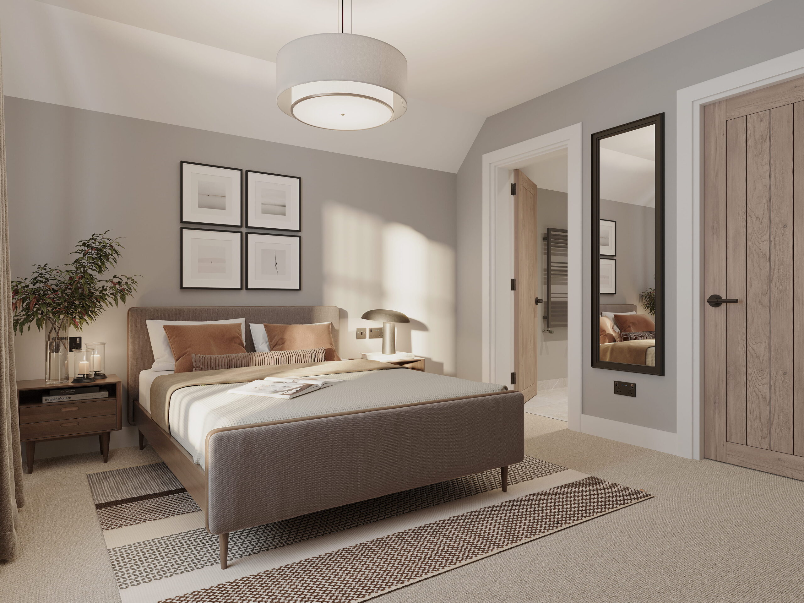 Interior architectural CGI of an Empress Court bedroom, featuring a contemporary upholstered bed, warm neutral furnishings, timber furniture, framed artwork and an adjoining bathroom.