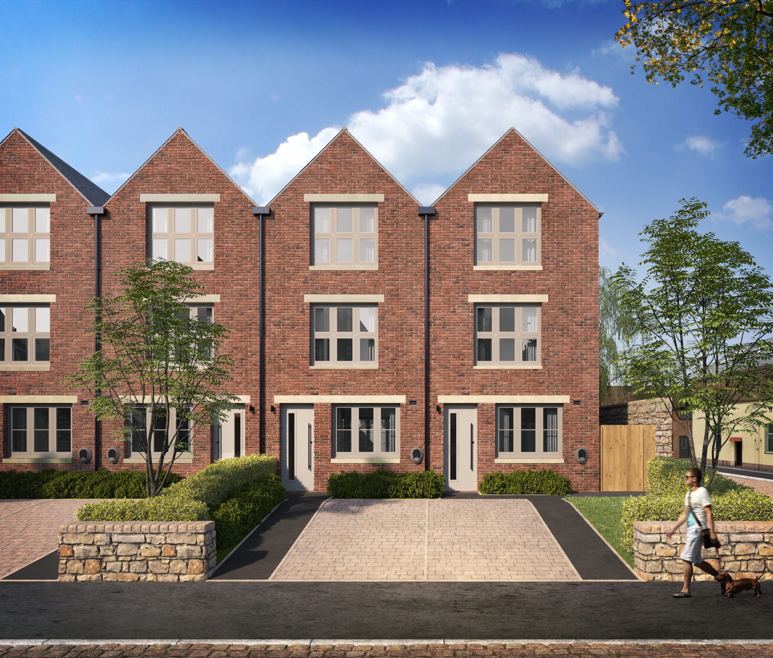Exterior architectural CGI of Empress Court, showing contemporary three-storey red-brick townhouses with landscaped front gardens, driveways and stone boundary walls.