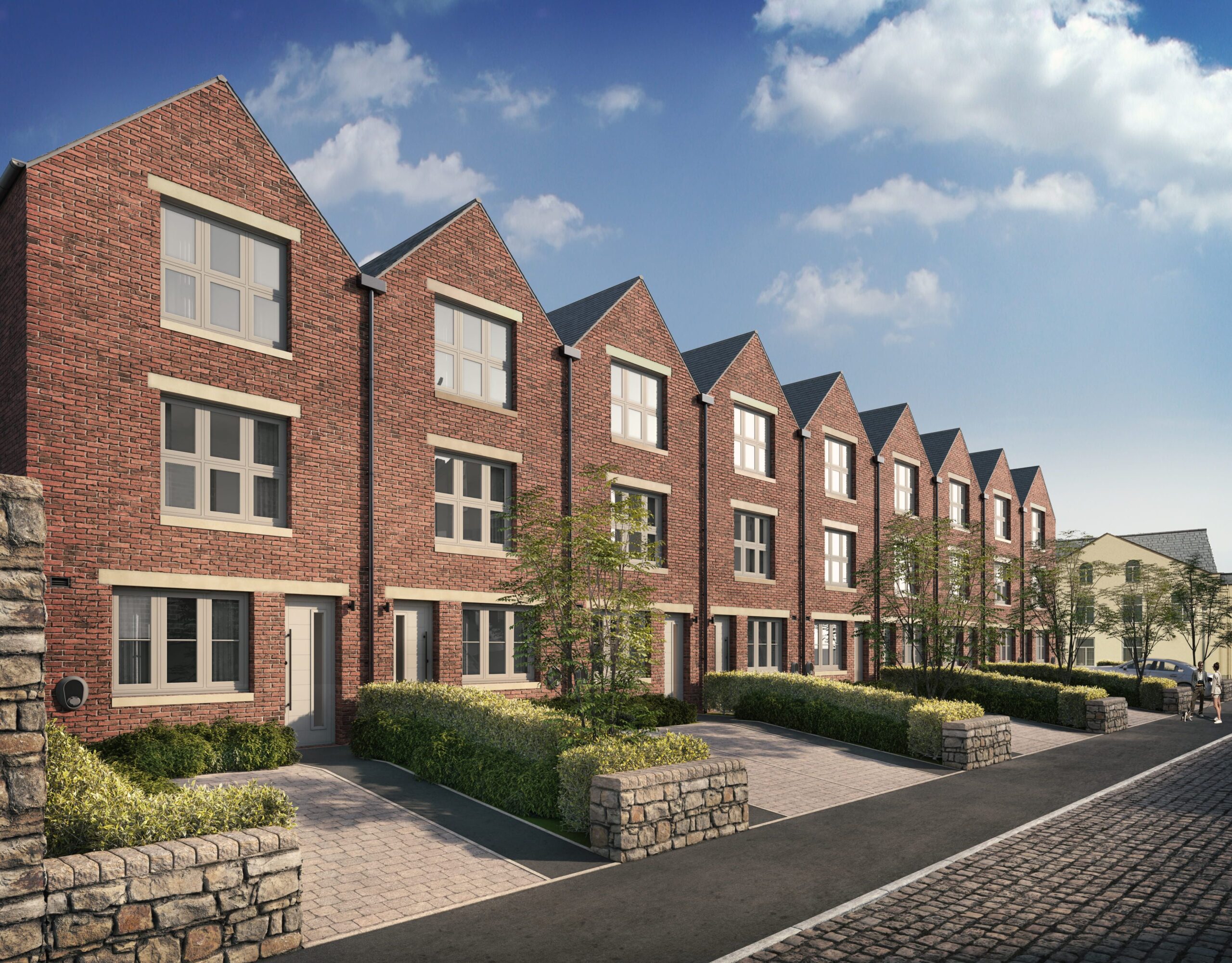 Architectural CGI of a contemporary residential development featuring a row of red-brick townhouses with landscaped front gardens and tree-lined pedestrian areas.
