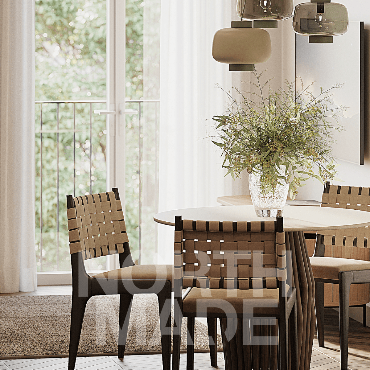 Photorealistic dining area CGI showing a contemporary apartment interior with woven dining chairs, designer pendant lighting, fresh floral arrangement and floor-to-ceiling balcony doors.