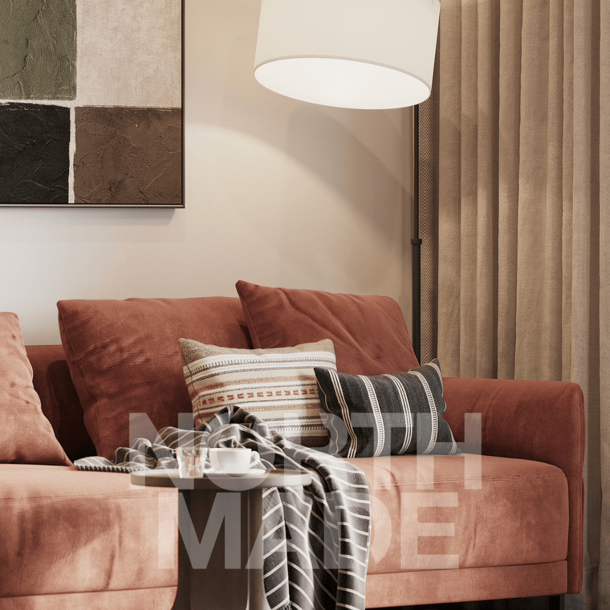Photorealistic living room CGI detail featuring a rust-coloured sofa, textured cushions, soft furnishings and warm ambient lighting in a contemporary apartment interior.