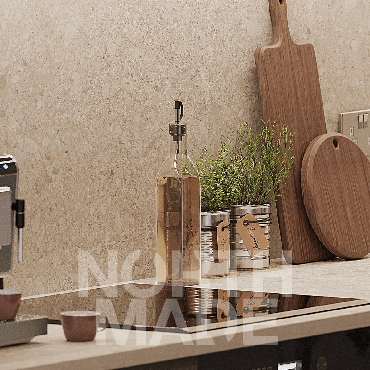 Photorealistic kitchen CGI detail showing a stone-effect splashback, timber chopping boards, herbs and premium kitchen styling within a contemporary apartment.
