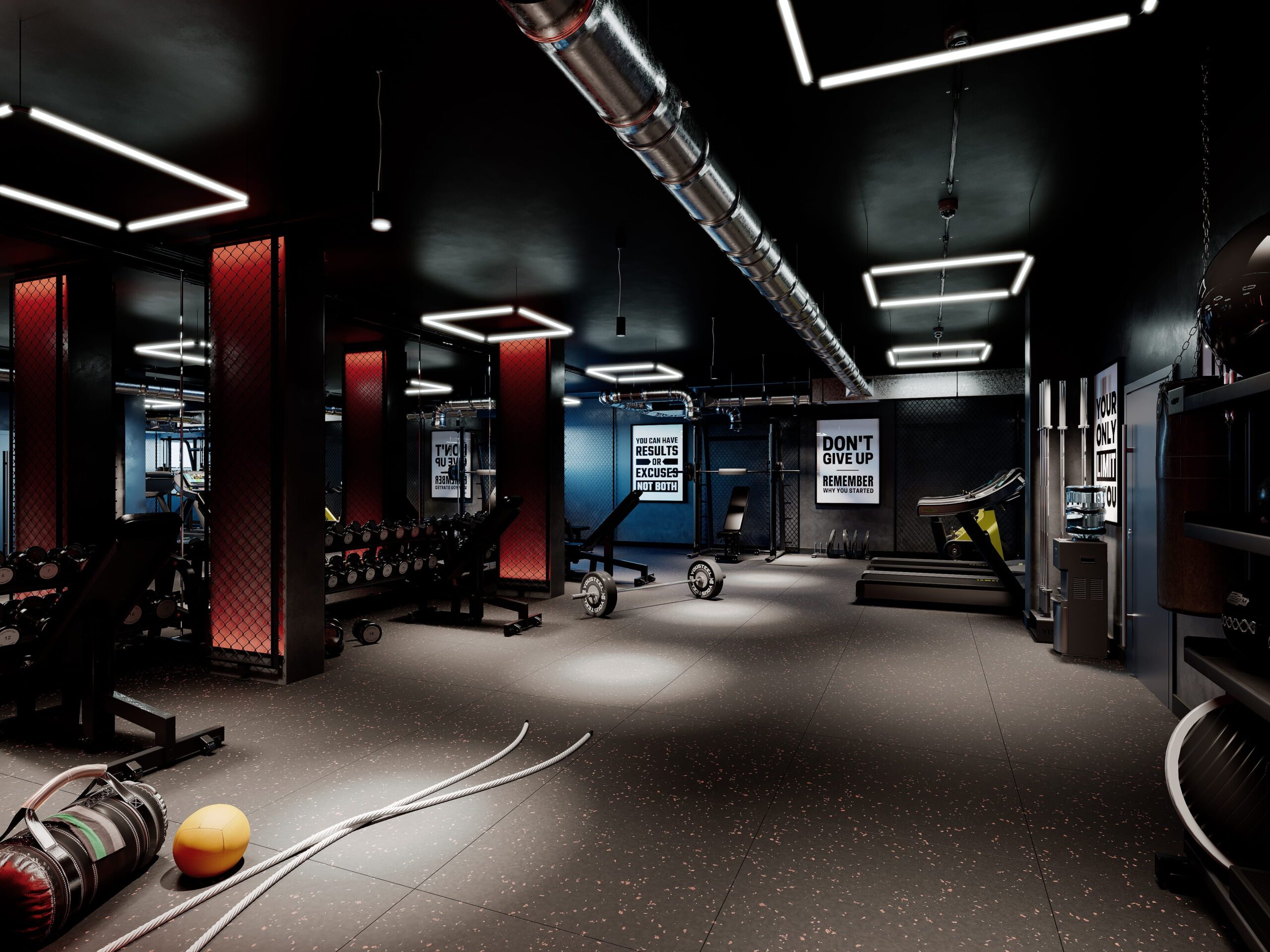 Interior architectural CGI of the residents’ gym at Abbey Row in Liverpool, featuring strength and cardio equipment, exposed services and contemporary linear lighting.