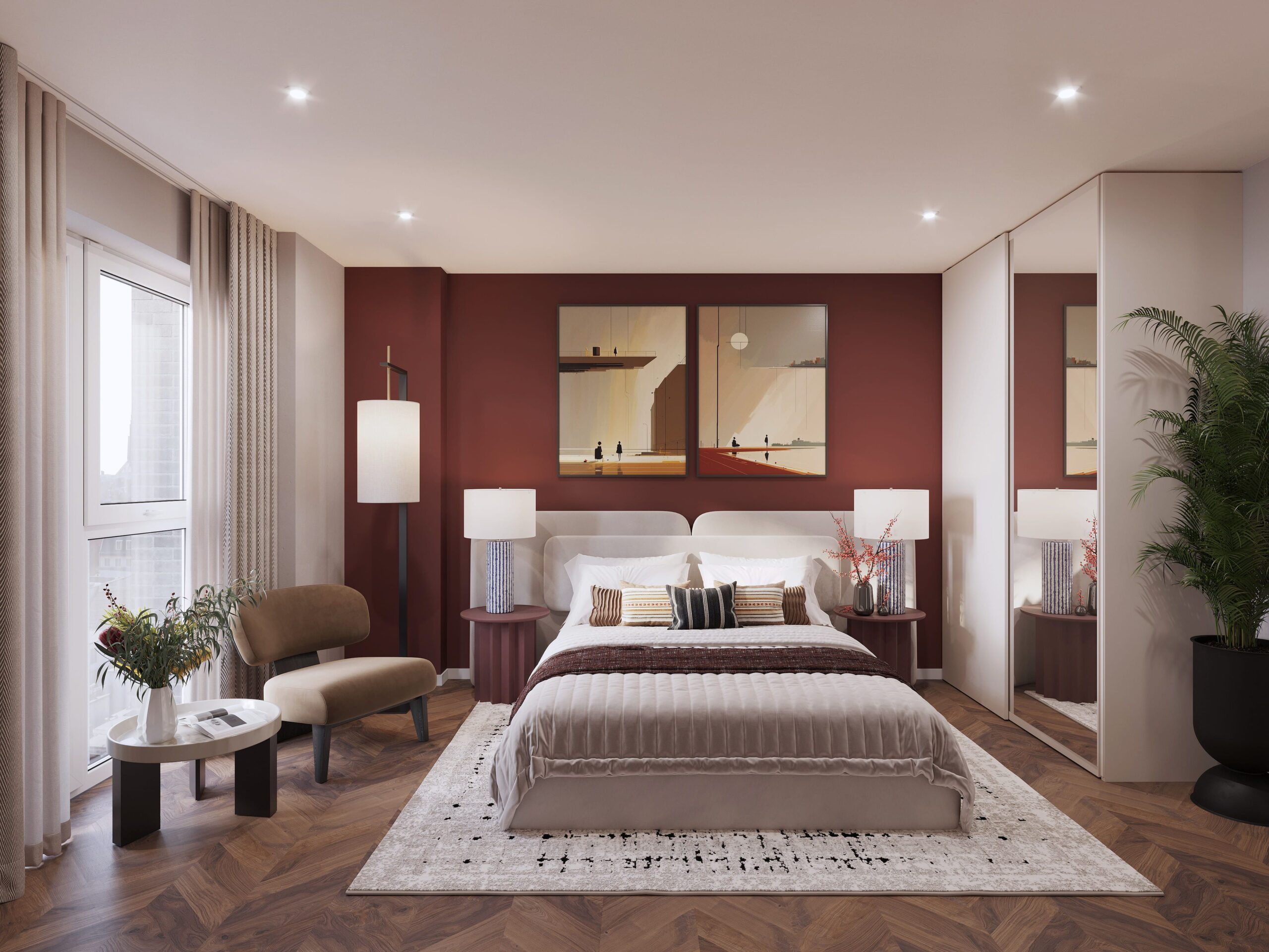 Interior architectural CGI of an apartment bedroom at Abbey Row in Liverpool, featuring warm neutral furnishings, a terracotta feature wall, herringbone flooring and fitted mirrored wardrobes.
