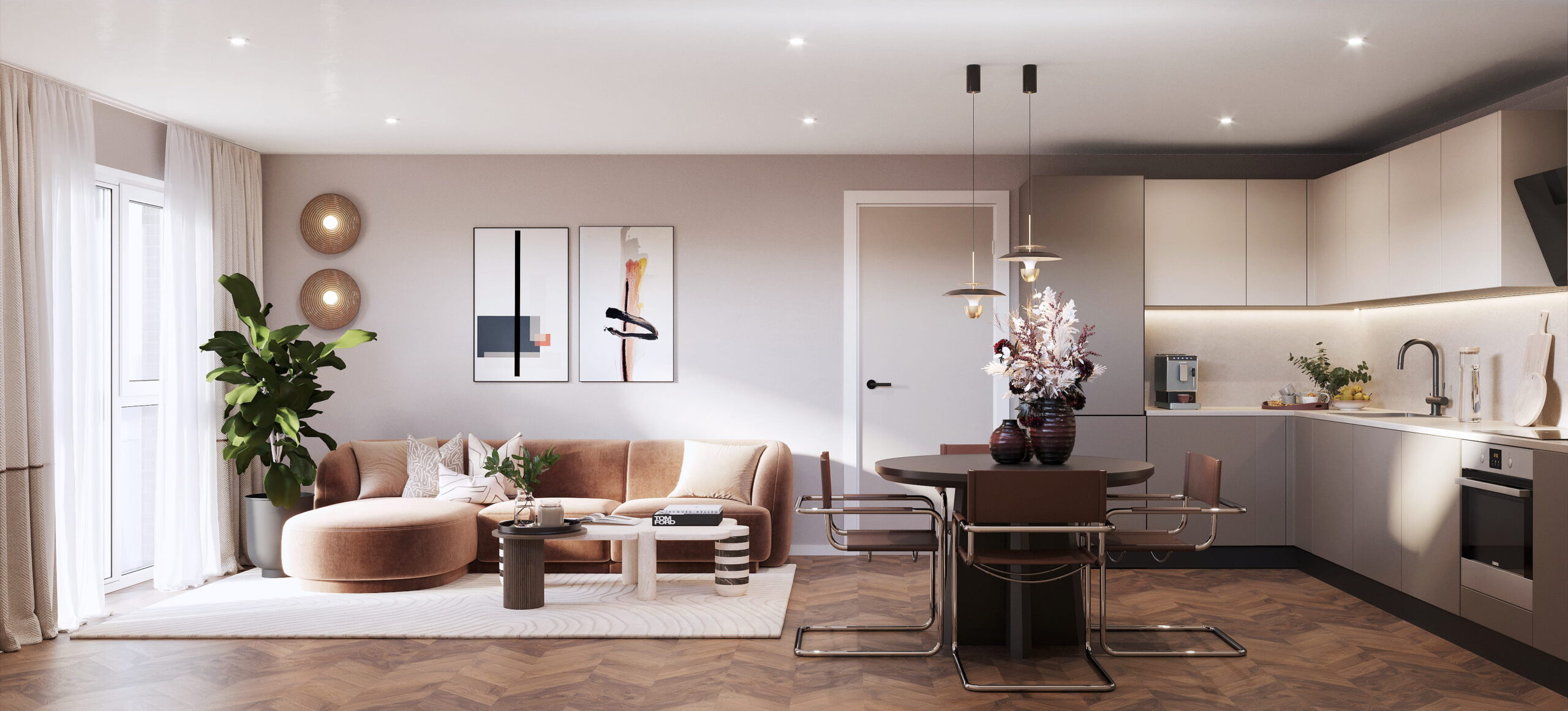 Interior architectural CGI of an open-plan living, dining and kitchen space at Abbey Row in Liverpool, featuring warm neutral furnishings, contemporary cabinetry, herringbone flooring and large windows.