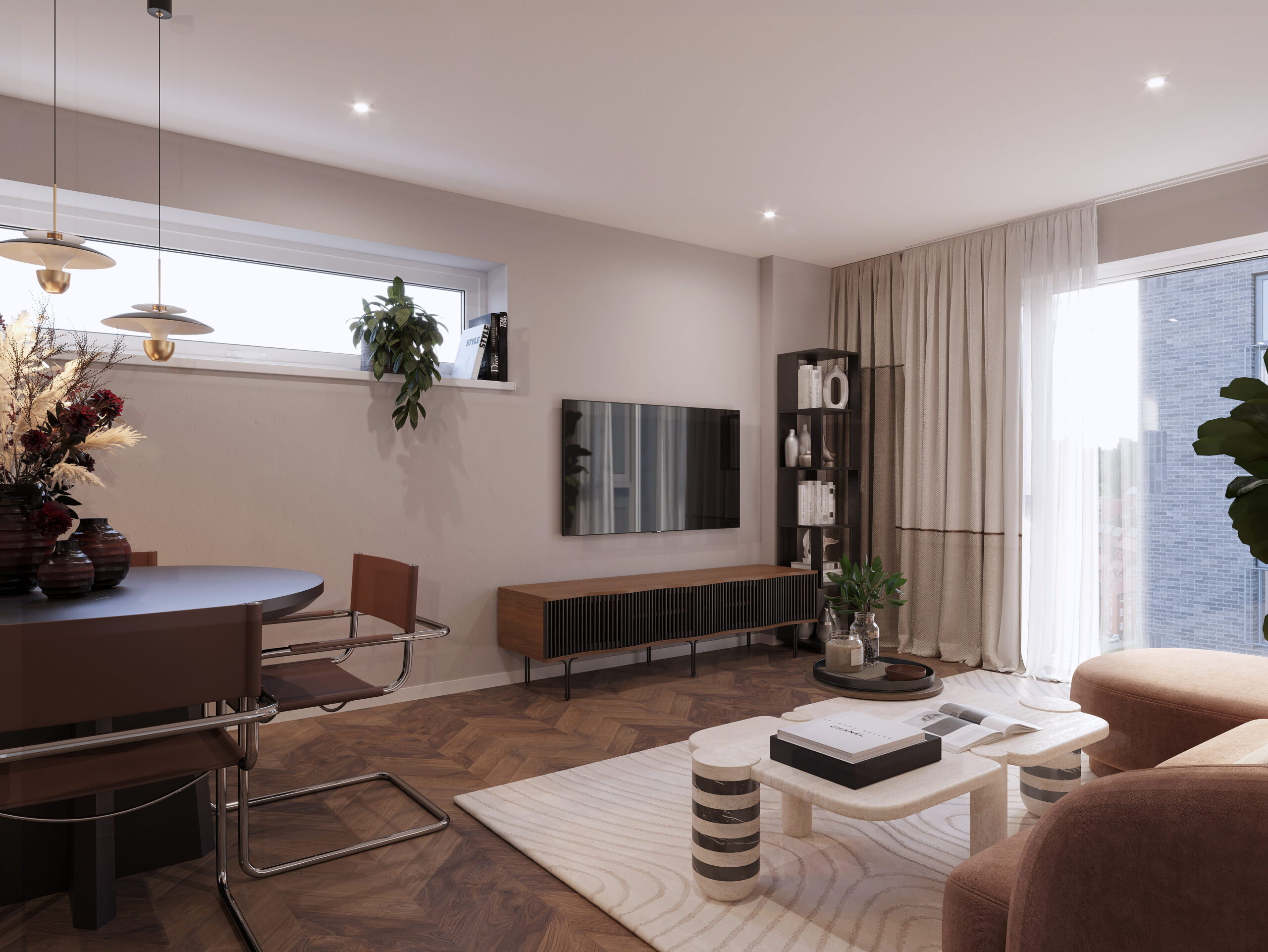 Interior architectural CGI of an apartment living and dining space at Abbey Row in Liverpool, featuring warm neutral furnishings, herringbone flooring, contemporary lighting and large windows.