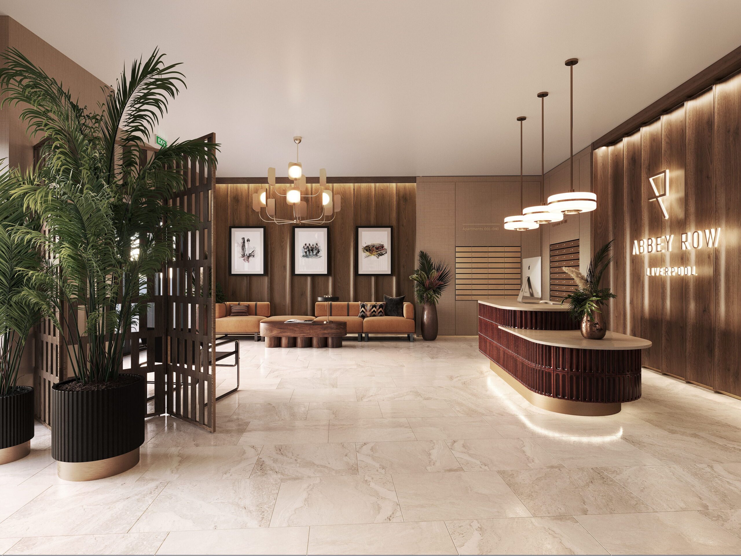 Interior architectural CGI of the reception and residents’ lounge at Abbey Row in Liverpool, featuring a curved reception desk, timber finishes, statement lighting, seating and indoor planting.