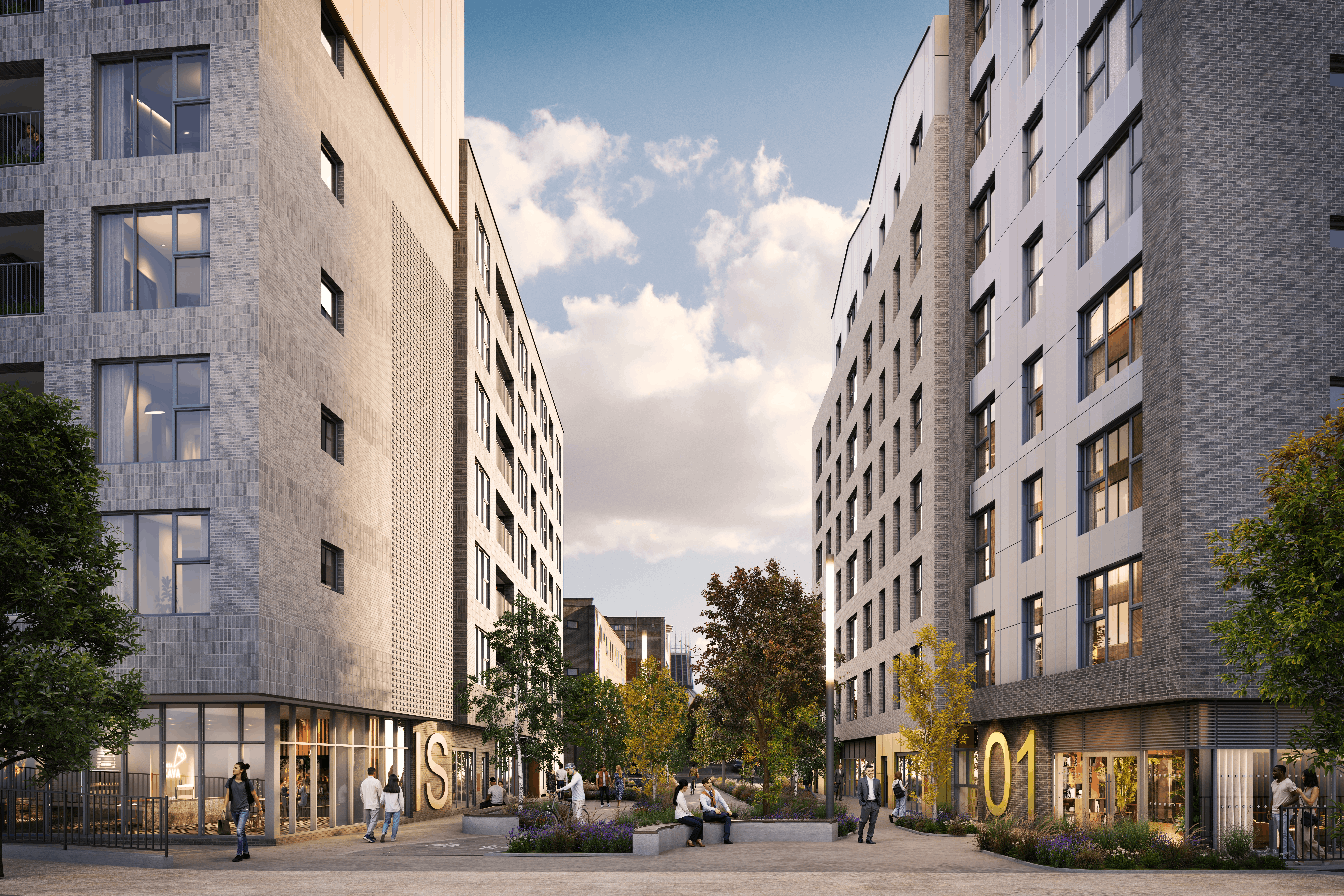 Architectural CGI of Abbey Row in Liverpool, showing a landscaped pedestrian courtyard between the residential buildings with ground-floor entrances and people using the public space.