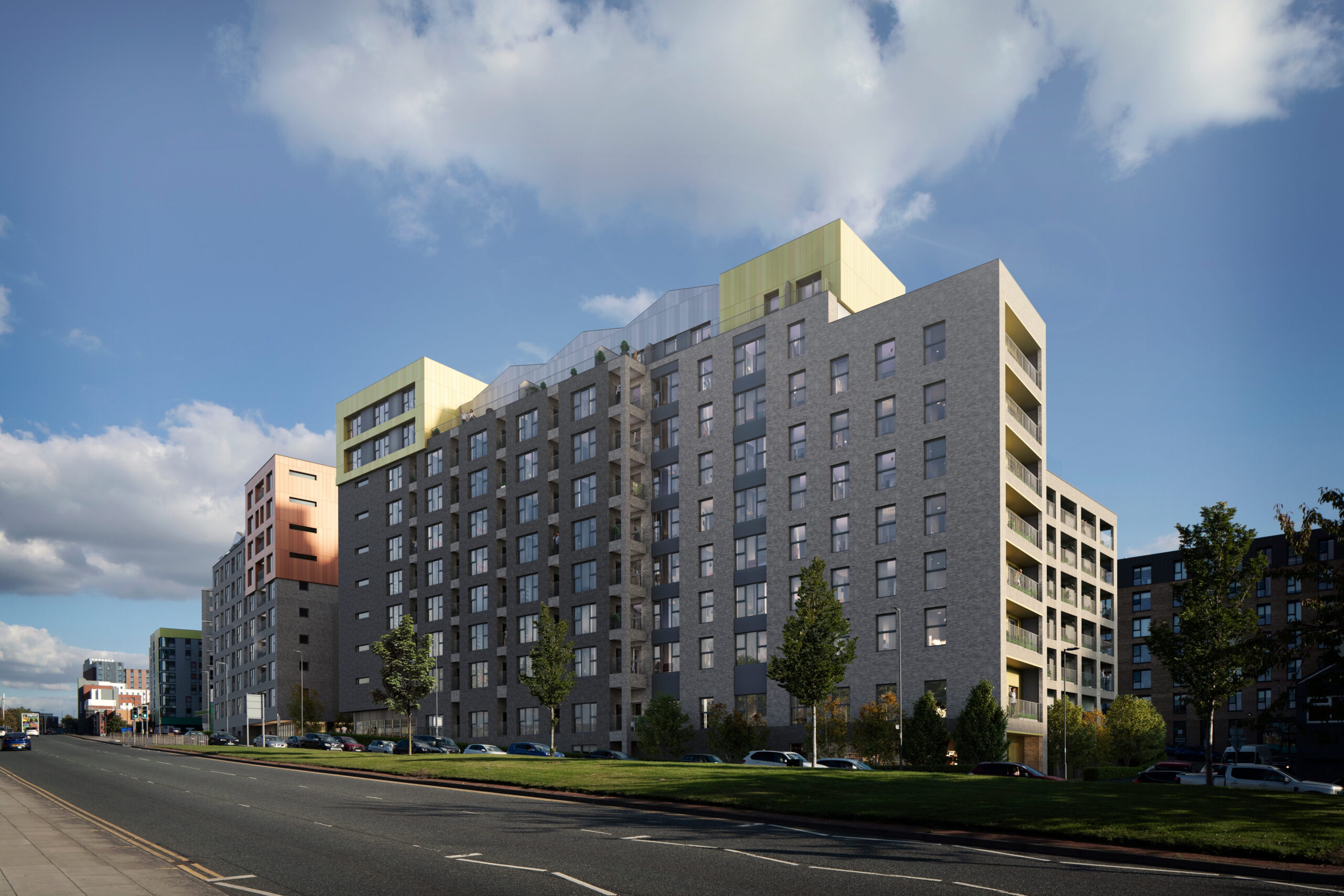 Exterior architectural CGI of Abbey Row in Liverpool, showing the multi-storey residential development with grey brick façades, balconies and contrasting coloured upper levels.