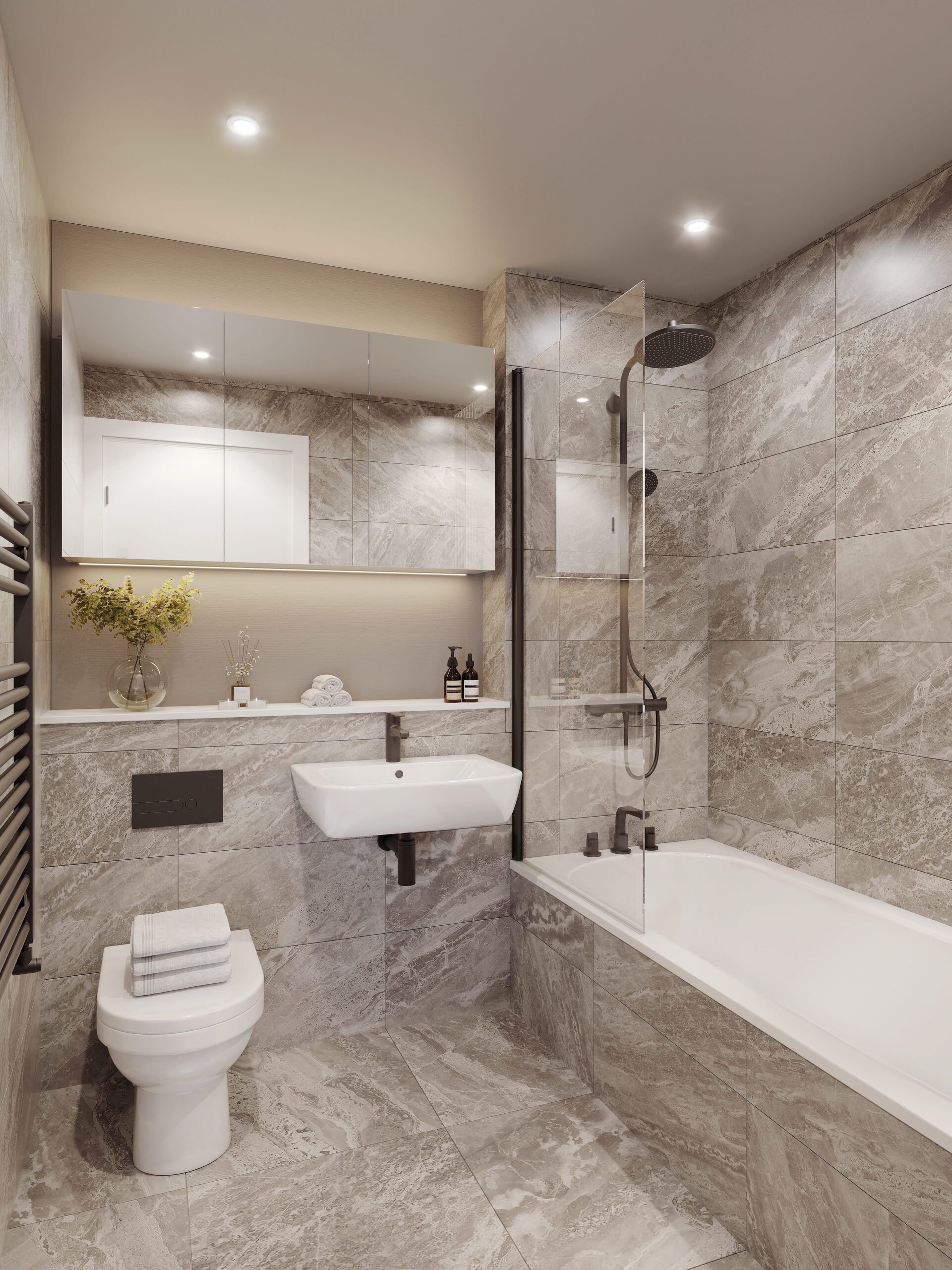 Interior CGI of an apartment bathroom at New Foundry Square in Leeds, featuring stone-effect tiling, a bath with overhead shower and contemporary fittings.