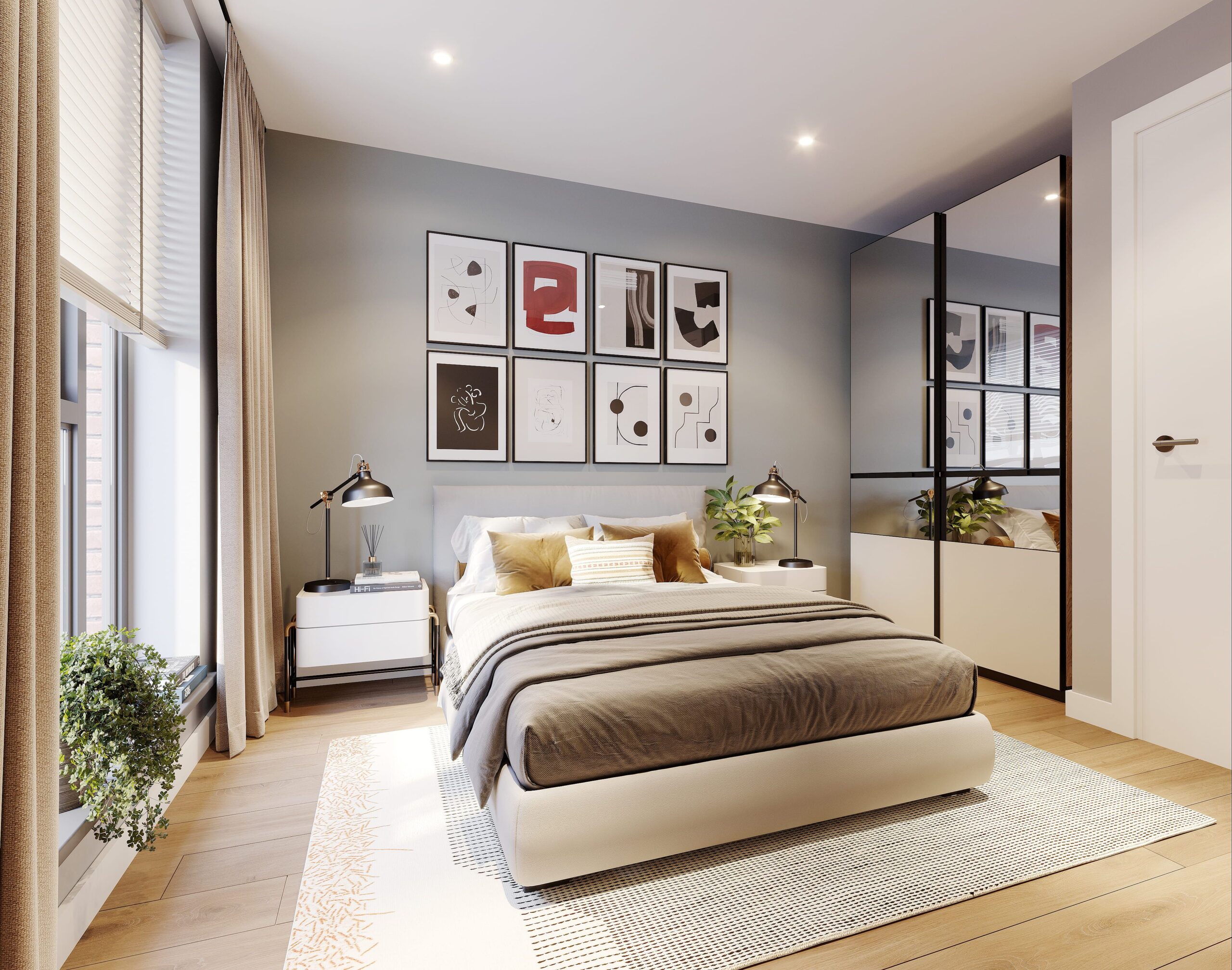 Interior CGI of an apartment bedroom at New Foundry Square in Leeds, featuring warm neutral furnishings, fitted mirrored wardrobes and contemporary artwork.