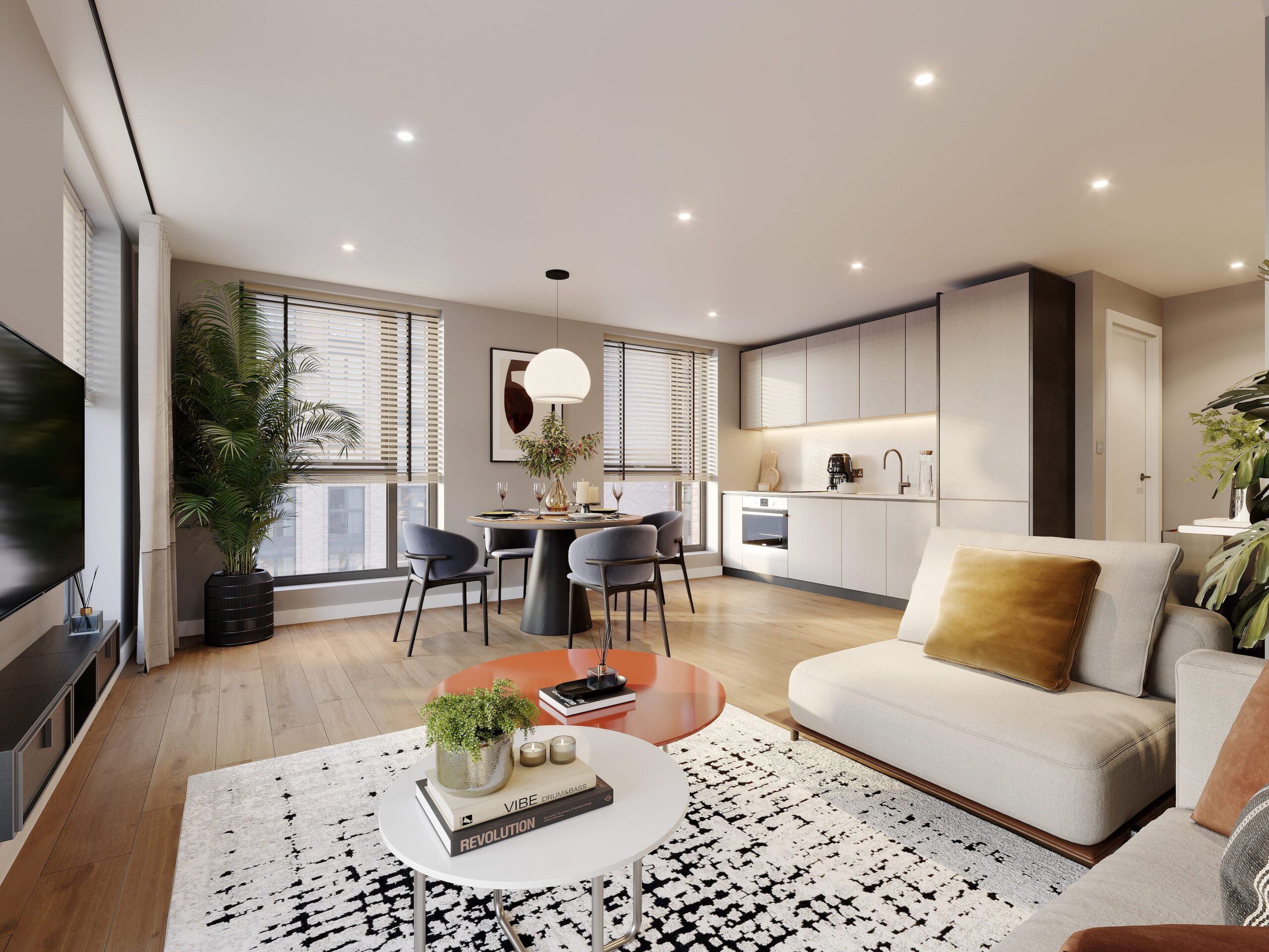 Interior CGI of an open-plan apartment at New Foundry Square in Leeds, showing a contemporary living area, dining space and fitted kitchen.