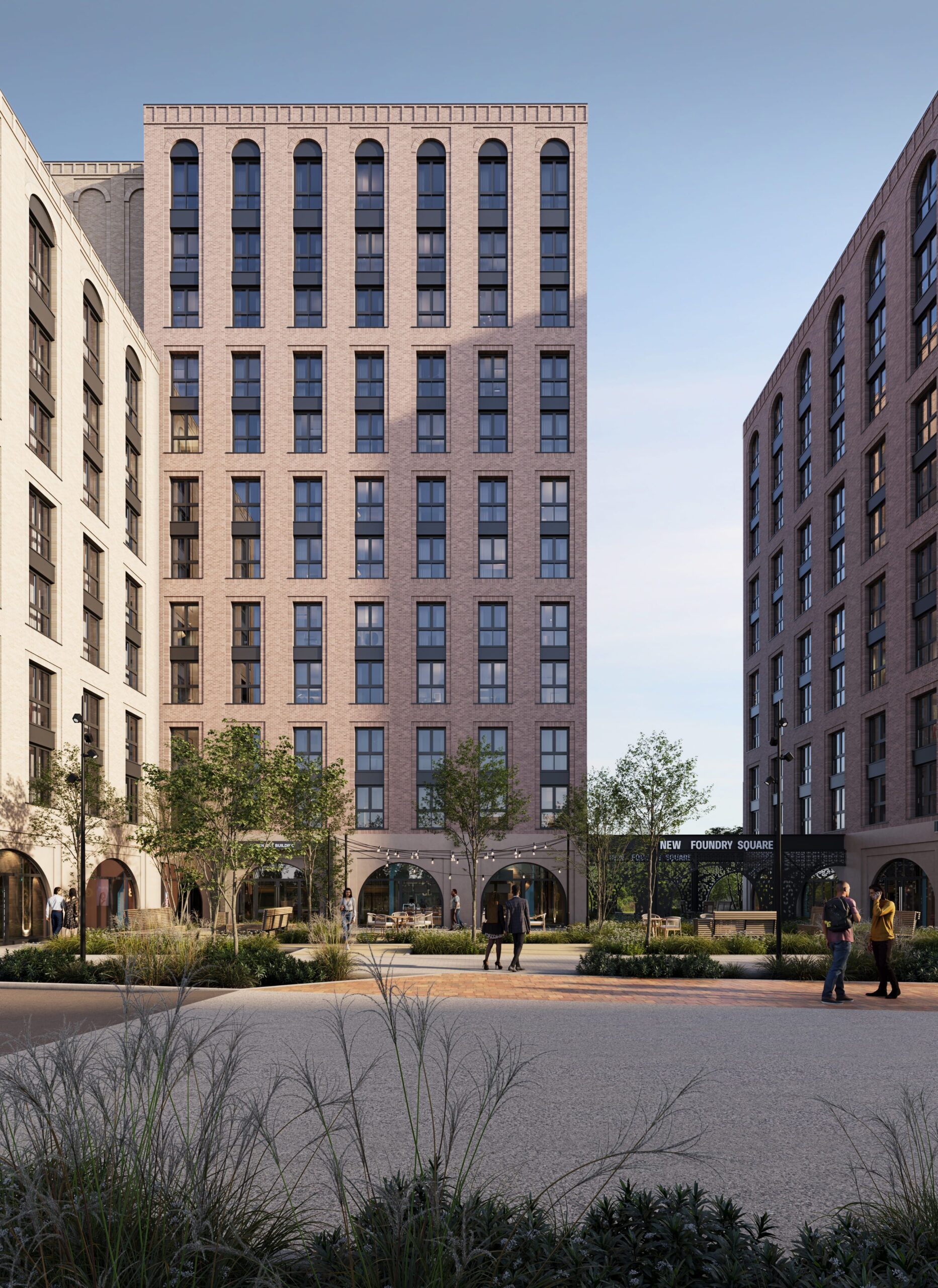 Exterior CGI of New Foundry Square in Leeds, showing the red-brick residential buildings framing a landscaped public square with planting, seating and ground-floor spaces.