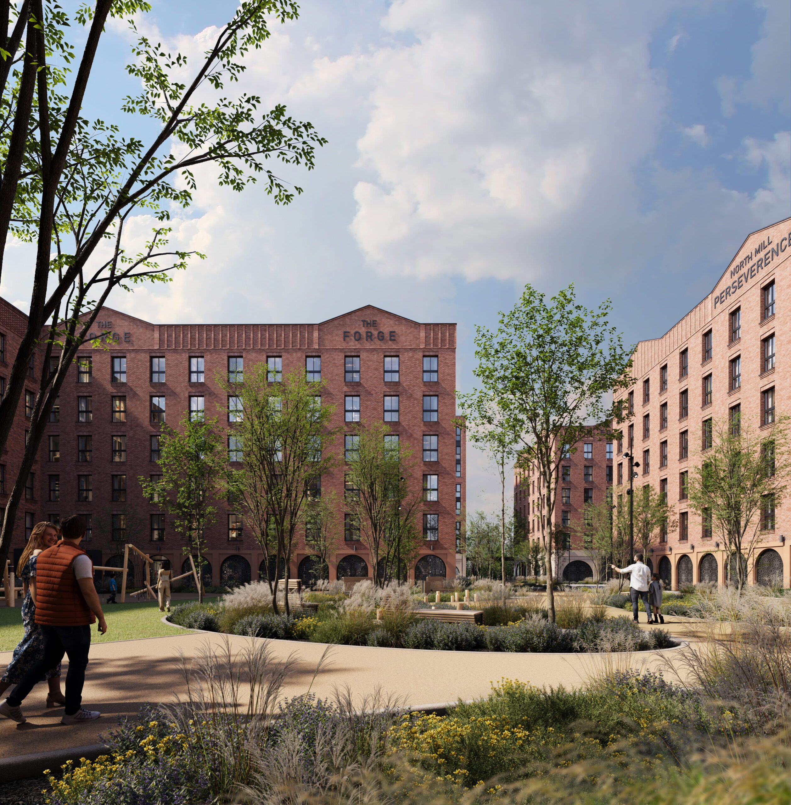 Exterior CGI of New Foundry Square in Leeds, showing red-brick residential buildings surrounding a landscaped communal garden with pathways and seating.