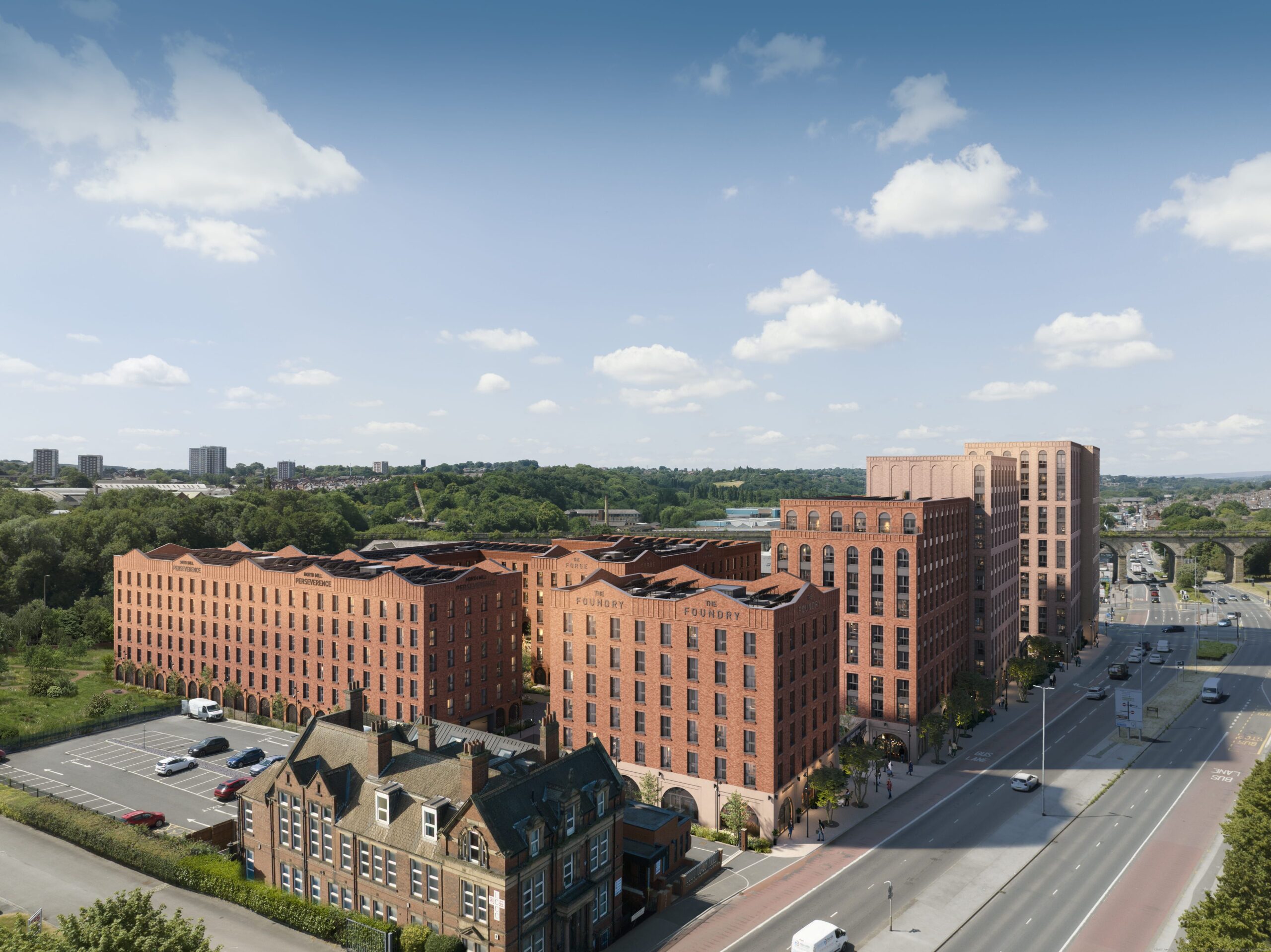 Aerial exterior CGI of New Foundry Square in Leeds, showing the scale of the red-brick residential development along Kirkstall Road and its surrounding city context.