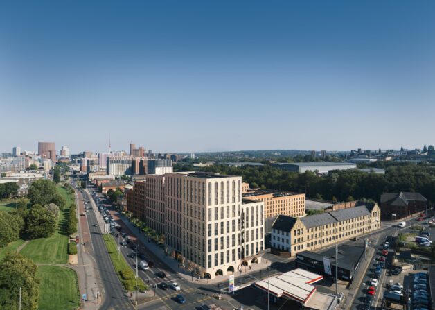 Photomontage CGI aerial view of New Foundry Square on Kirkstall Road, Leeds, showing the residential development within its surrounding city context.