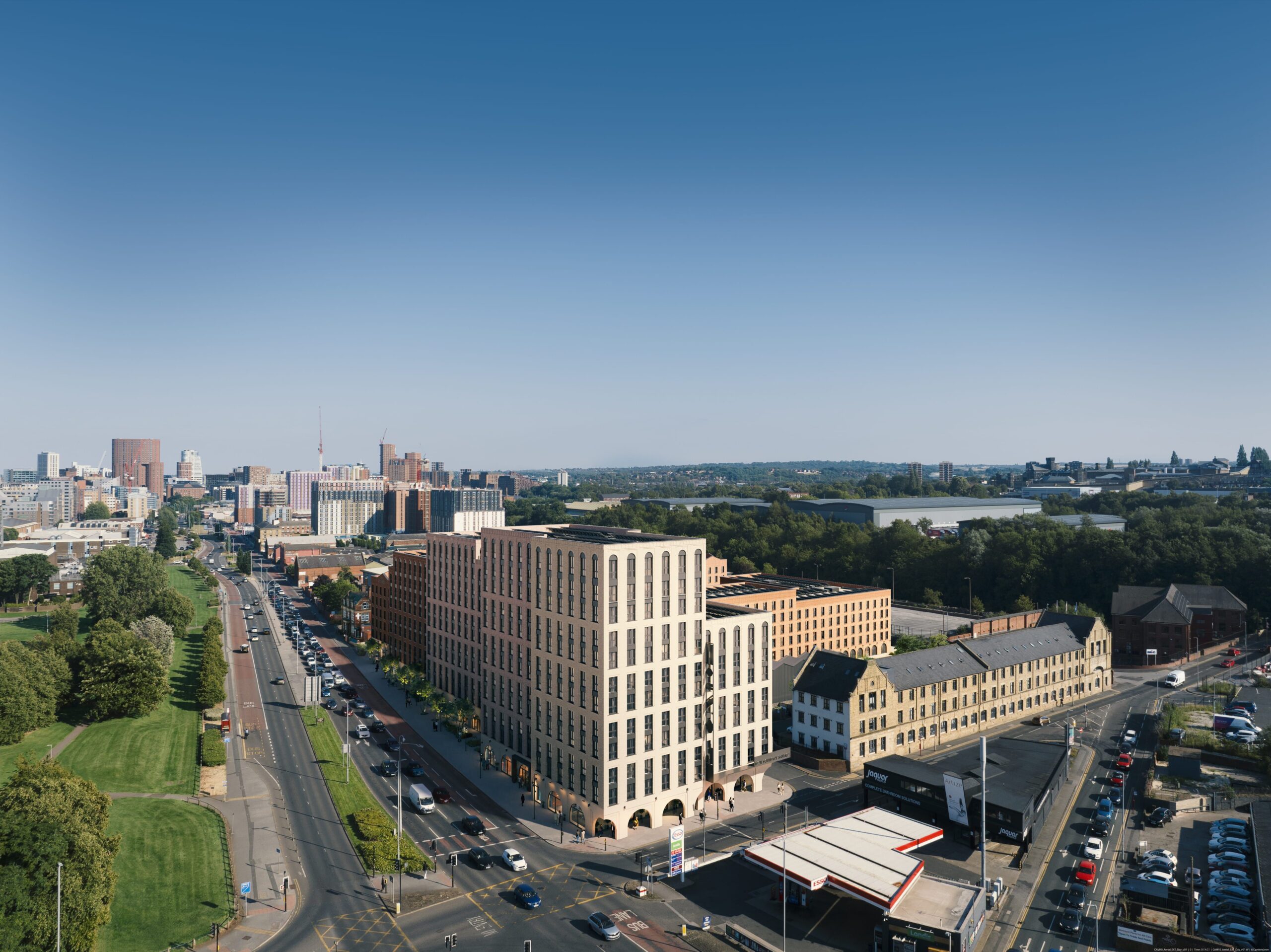 Photomontage CGI aerial view of New Foundry Square on Kirkstall Road, Leeds, showing the residential development within its surrounding city context.