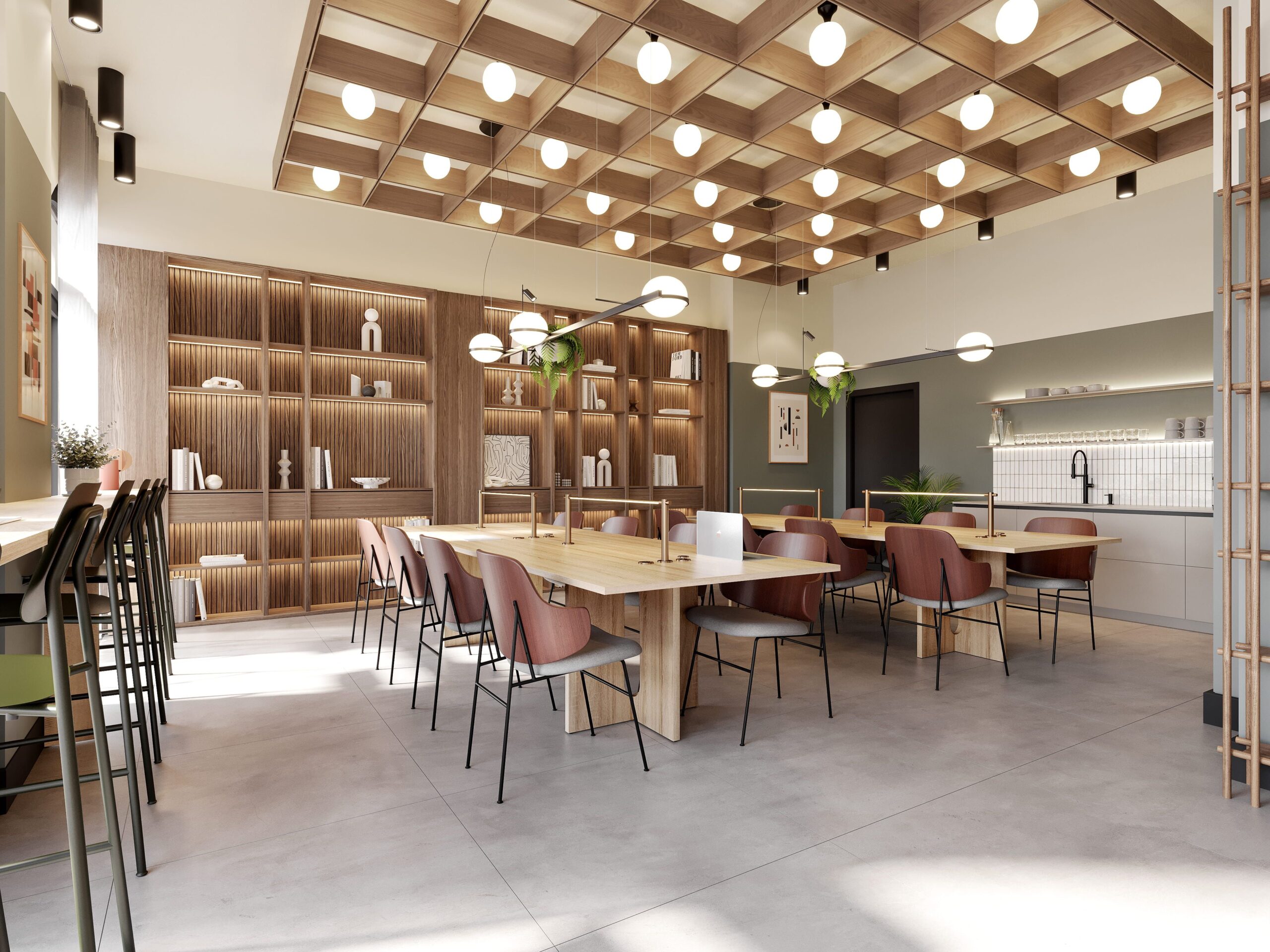 Interior CGI of the co-working space at New Foundry Square in Leeds, featuring communal worktables, warm timber finishes and integrated shelving.