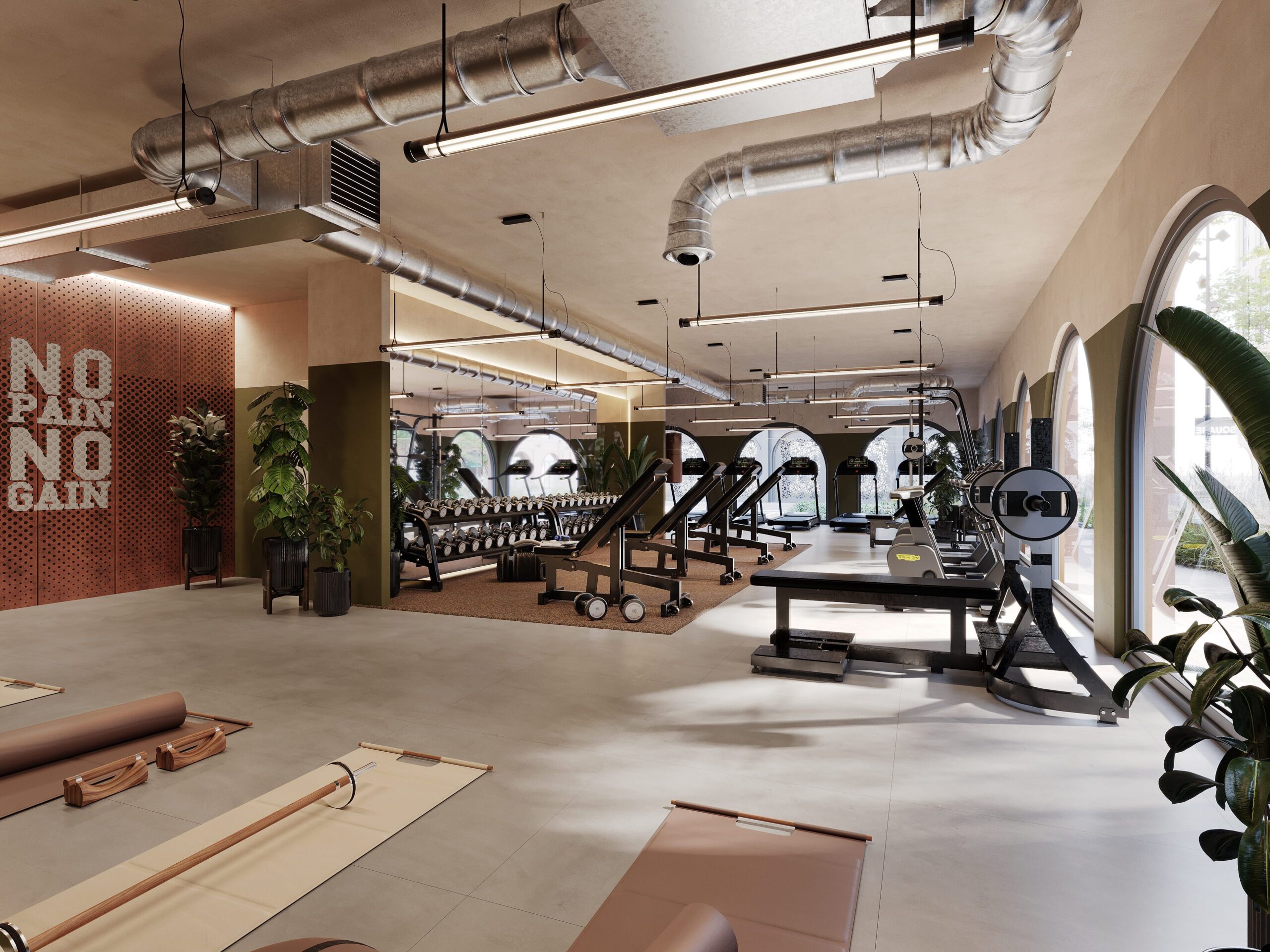 Interior CGI of the residents’ gym at New Foundry Square in Leeds, featuring strength and cardio equipment, exercise areas and an industrial-inspired interior.