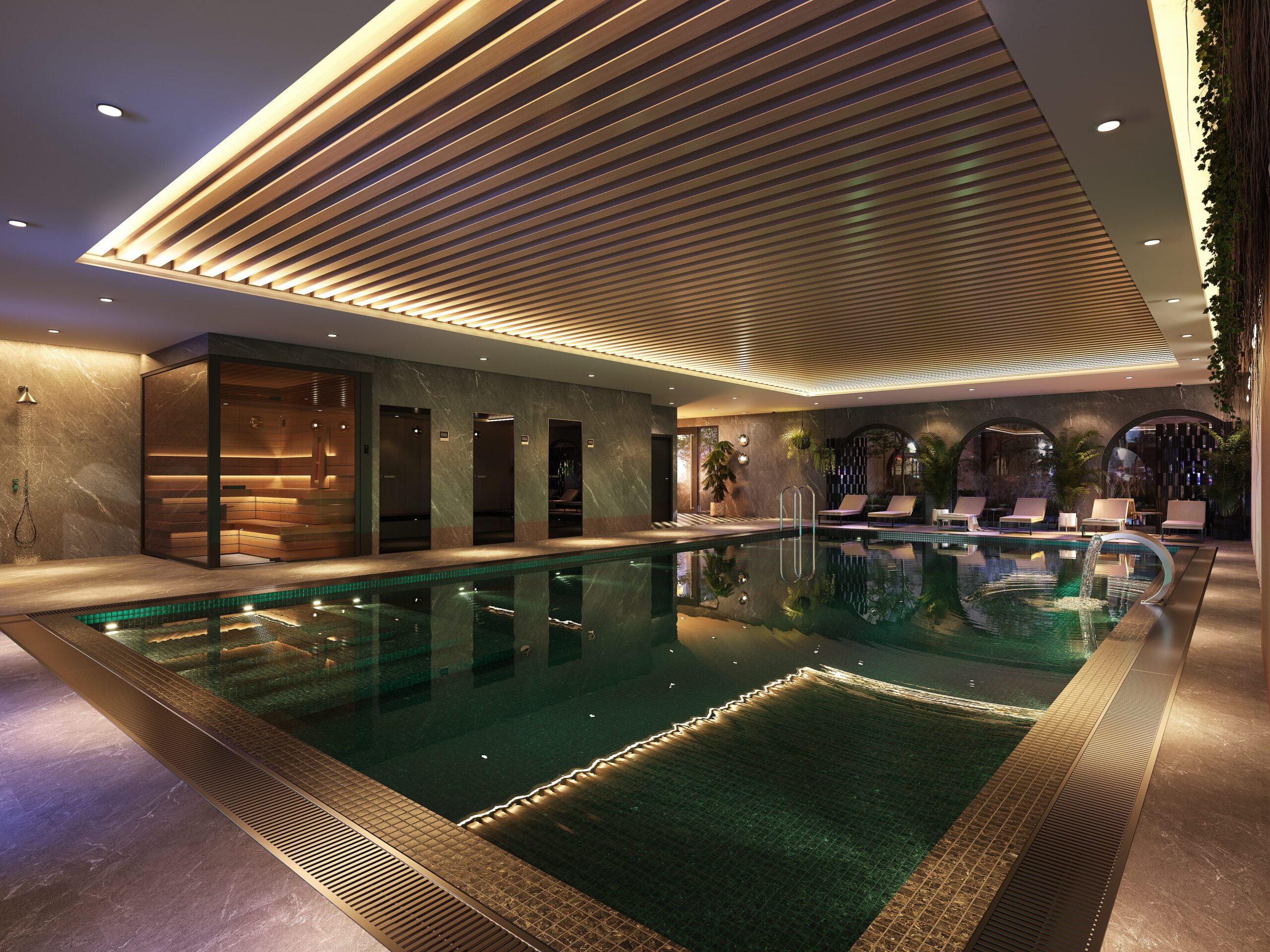 Interior CGI of the residents’ swimming pool and wellness area at New Foundry Square in Leeds, featuring a sauna, poolside seating and contemporary lighting.