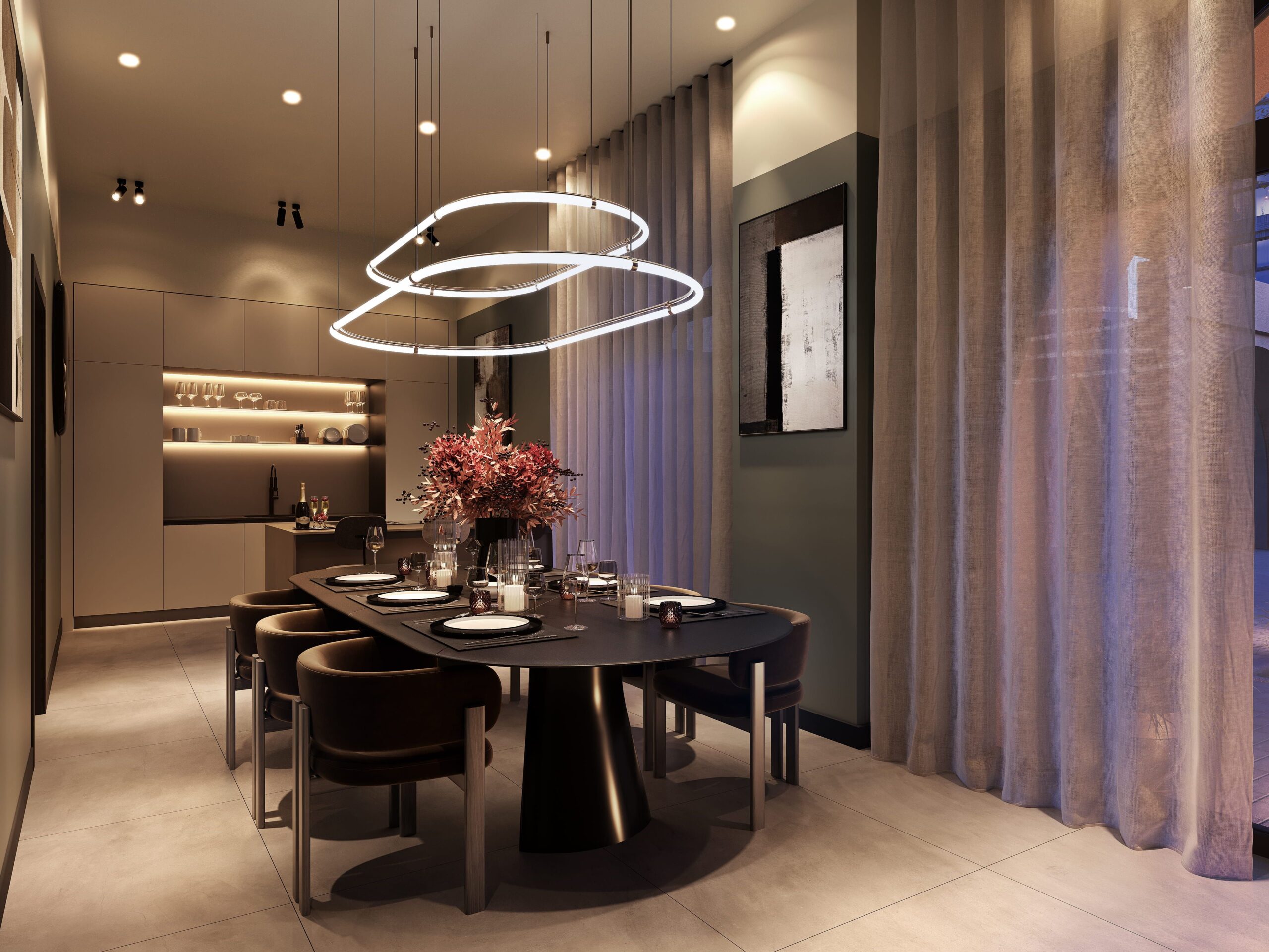 Interior CGI of the private dining room at New Foundry Square in Leeds, featuring a large dining table, contemporary lighting and an adjoining kitchen.