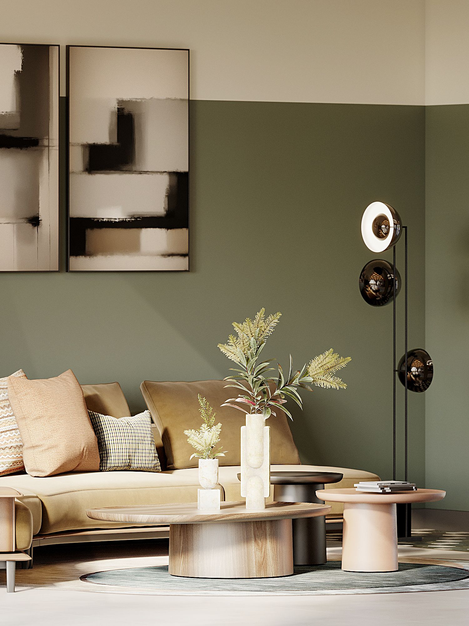 Interior CGI of New Foundry Square’s lounge, featuring a beige sofa, sculptural coffee table, olive-green walls and abstract artwork.