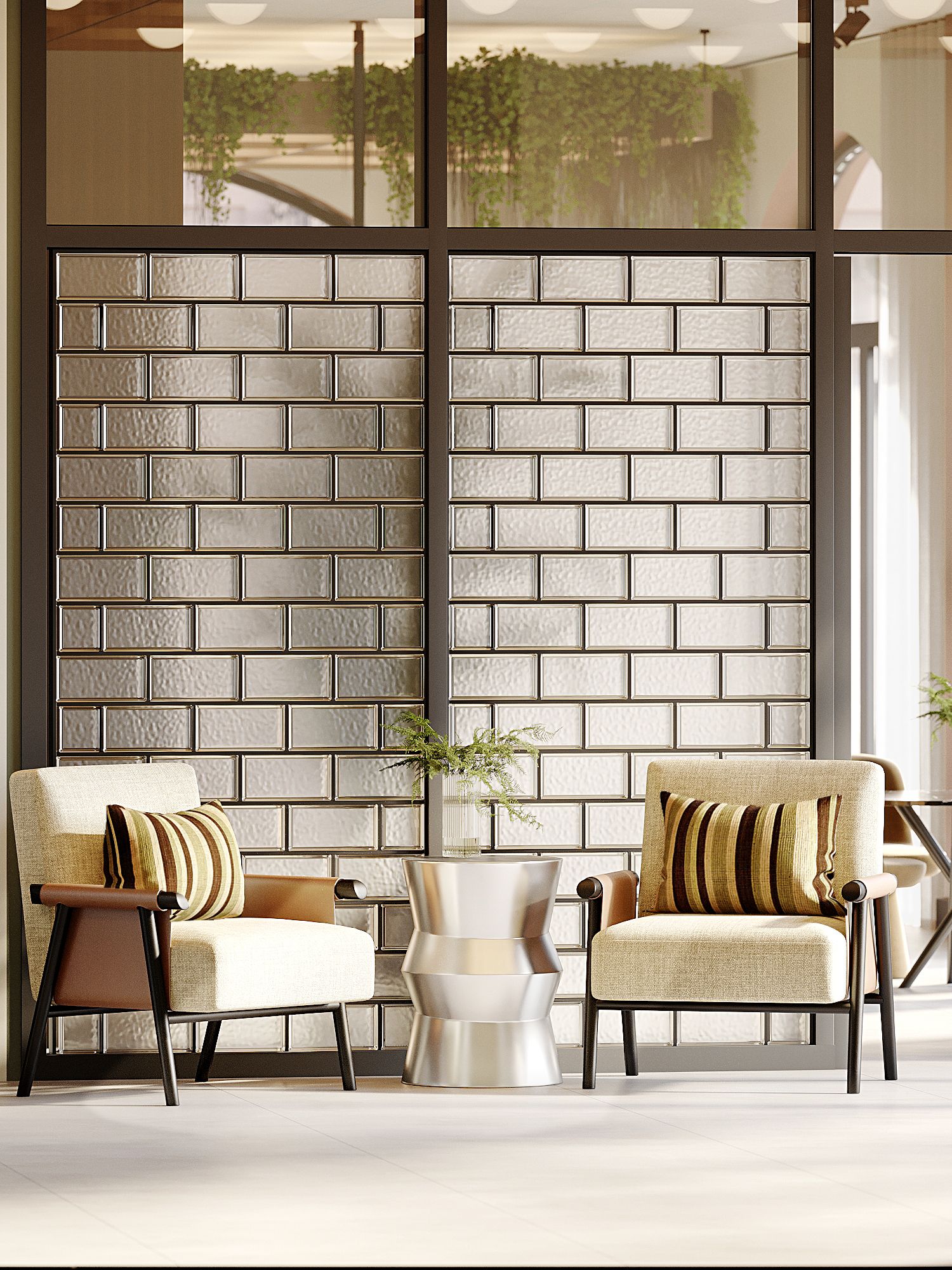 Interior CGI showing two upholstered lounge chairs and a metallic side table against a glazed brick partition at New Foundry Square.