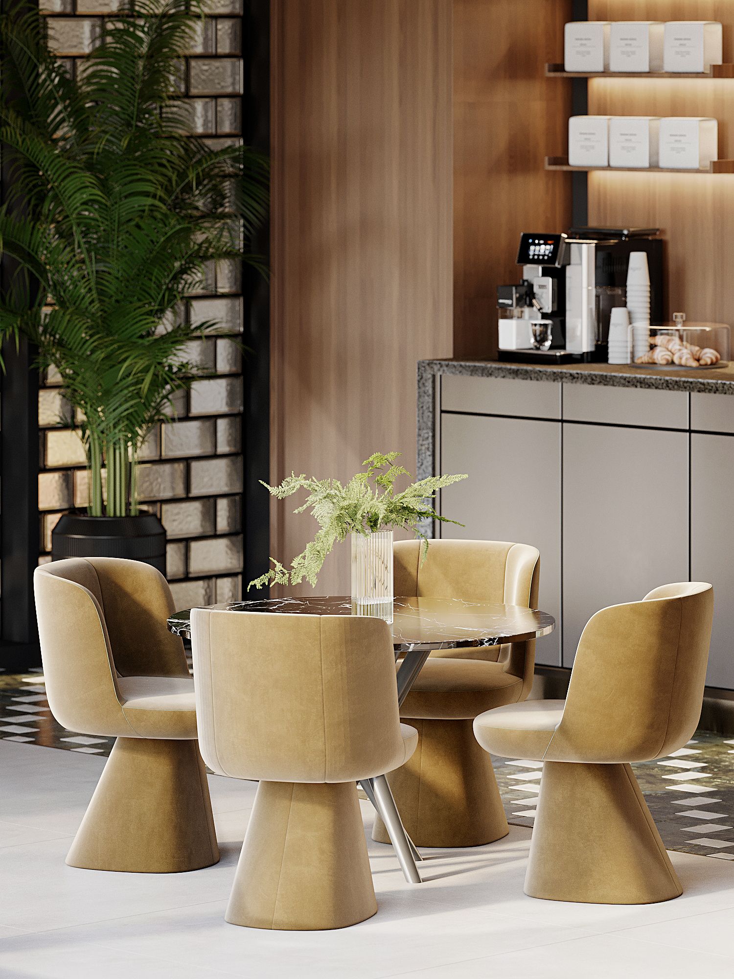Interior CGI of New Foundry Square’s café area, with a marble-topped table, four upholstered chairs and a contemporary coffee counter.