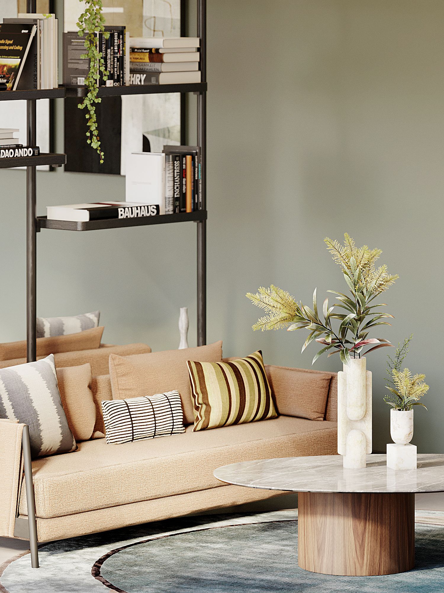 Close-up interior CGI of New Foundry Square’s lounge, featuring a textured beige sofa, patterned cushions, marble coffee table and open shelving.