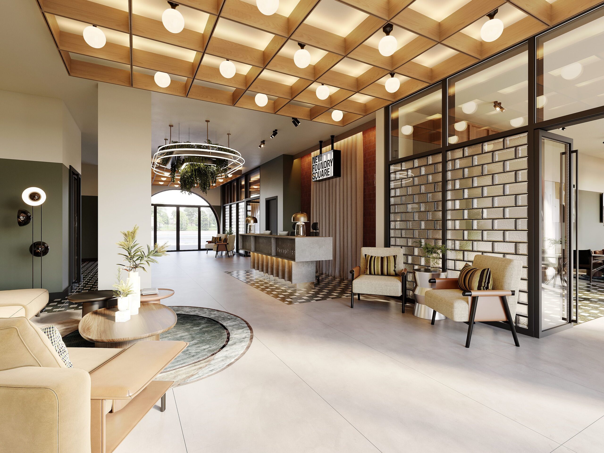 Interior CGI of the reception and residents’ lounge at New Foundry Square in Leeds, featuring contemporary seating, a reception desk and industrial-inspired detailing.
