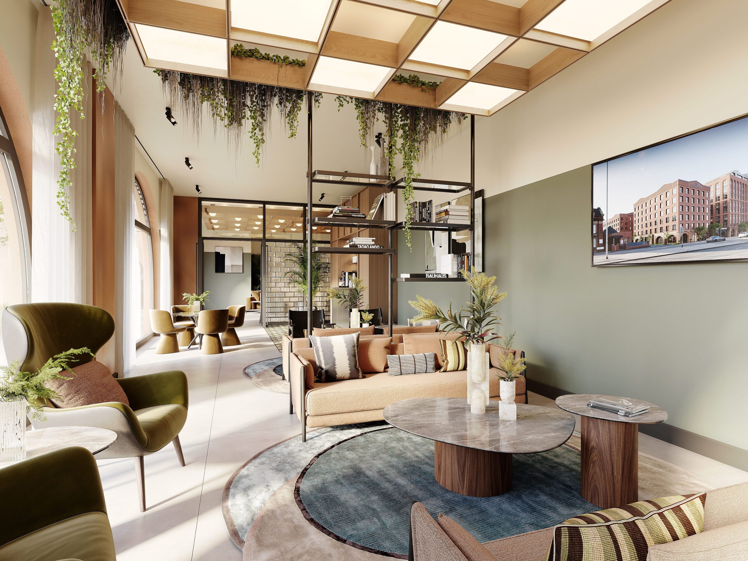 Interior CGI of the residents’ lounge at New Foundry Square in Leeds, featuring contemporary seating, indoor planting and warm natural finishes.