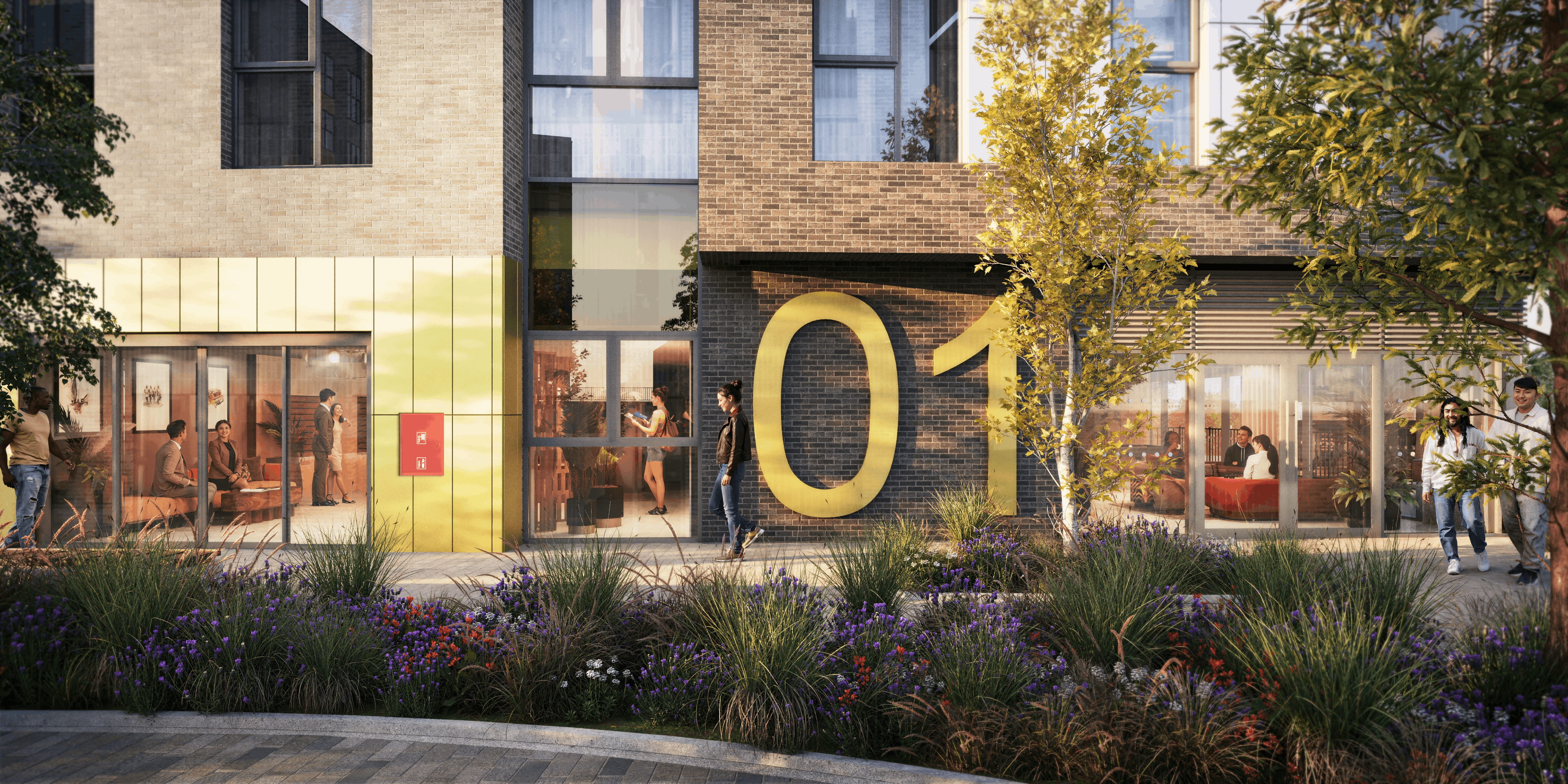 Architectural CGI showing a contemporary residential development entrance with large gold 01 signage, brick façades, floor-to-ceiling glazing, landscaped planting and people walking outside.