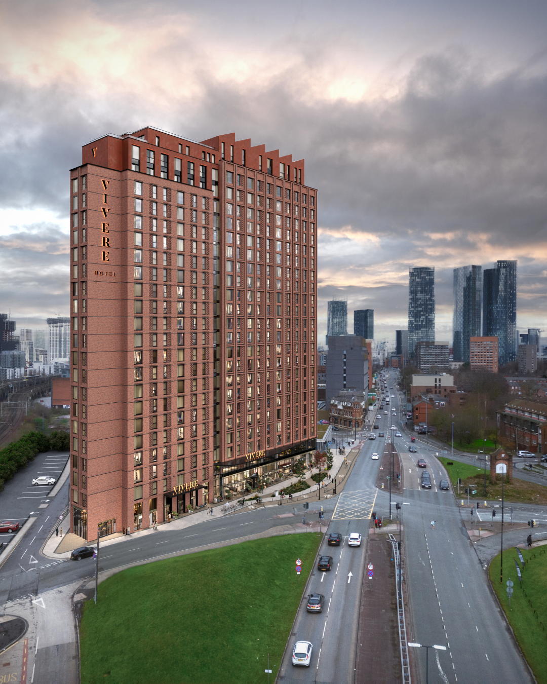 Exterior architectural CGI of VIVERE Residences in Manchester, showing the red-brick residential tower, distinctive stepped roofline and surrounding cityscape, viewed from above at street level under a cloudy sky.