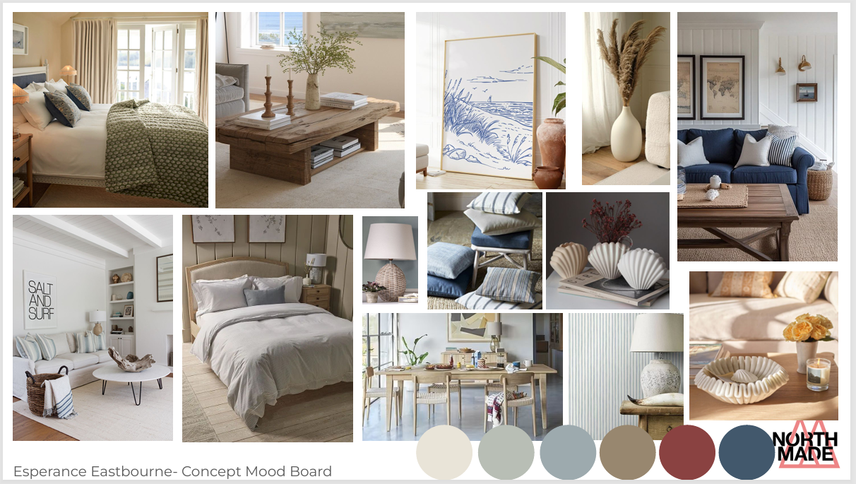 Interior design concept moodboard for The Esperance in Eastbourne by North Made Studio, featuring coastal-inspired interiors, natural wood furniture, soft furnishings, decorative accessories and a muted palette of cream, sage green, blue and earthy tones.