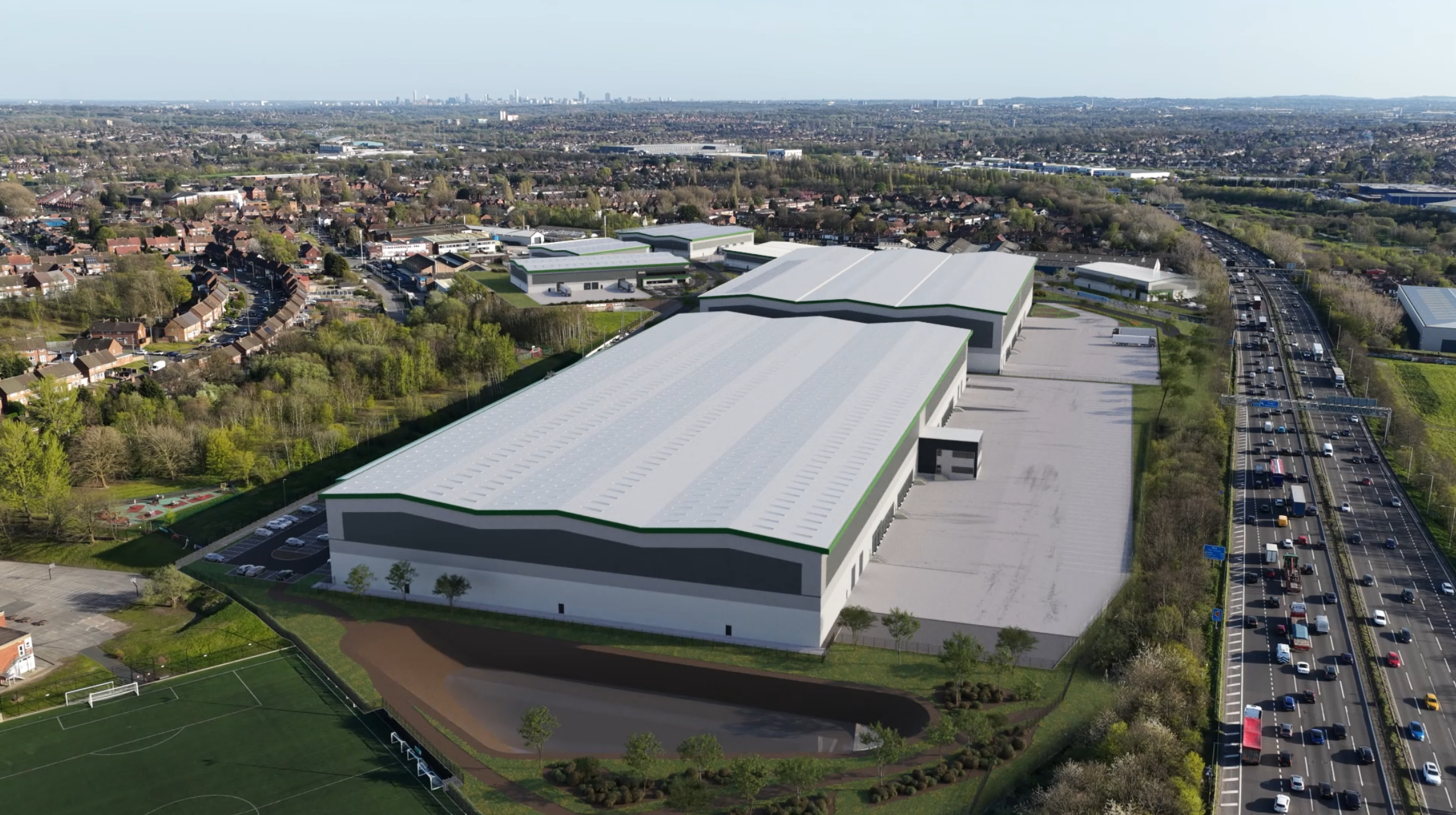 Aerial architectural animation of SPARK in Walsall, showing the industrial and logistics development alongside the M6 and surrounding area.