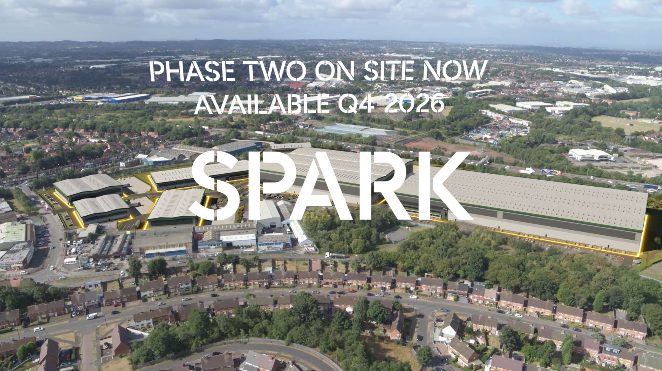 Aerial architectural animation of SPARK in Walsall, showing the wider industrial and logistics development with Phase Two highlighted and availability for Q4 2026.