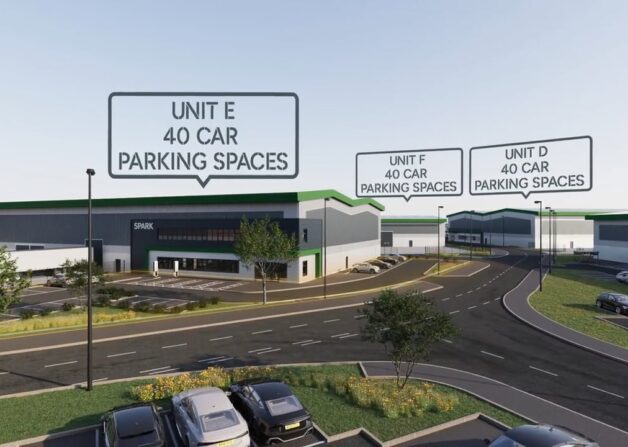 Architectural animation of SPARK in Walsall, showing industrial units D, E and F with access roads, landscaping and allocated car parking.