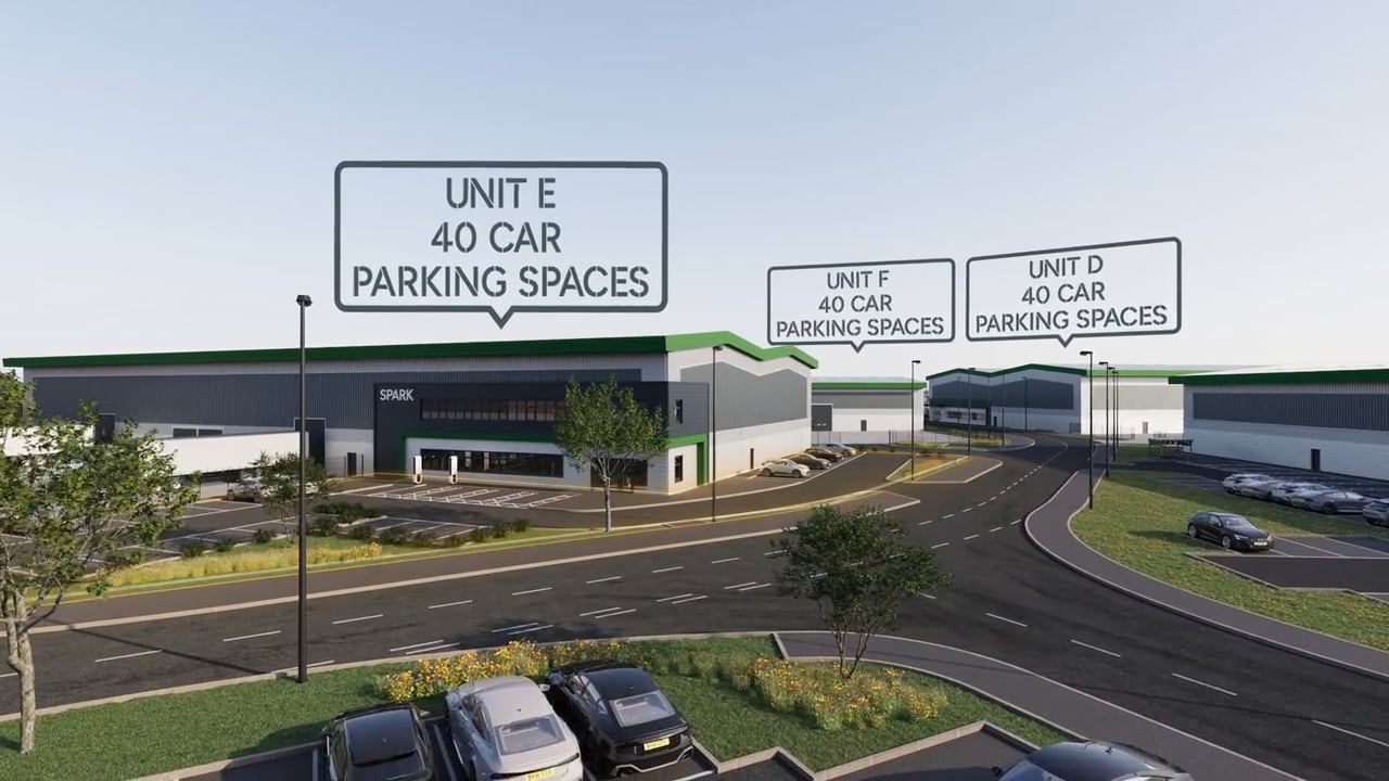 Architectural animation of SPARK in Walsall, showing industrial units D, E and F with access roads, landscaping and allocated car parking.
